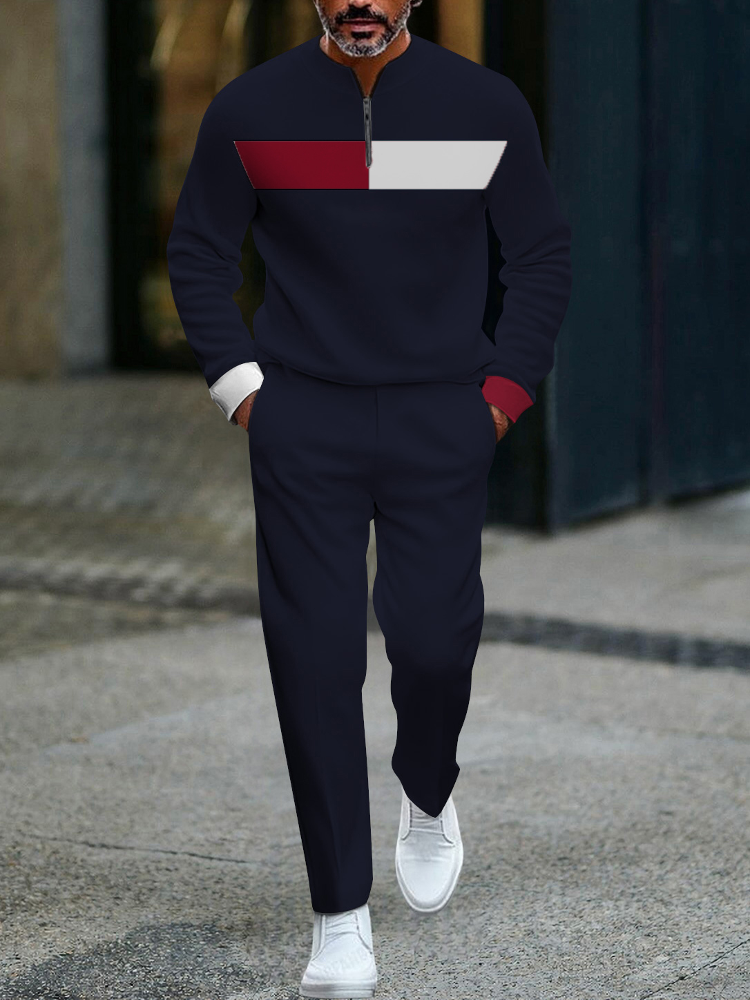 Men's fashion casual geometric print long sleeve zipper two-piece set