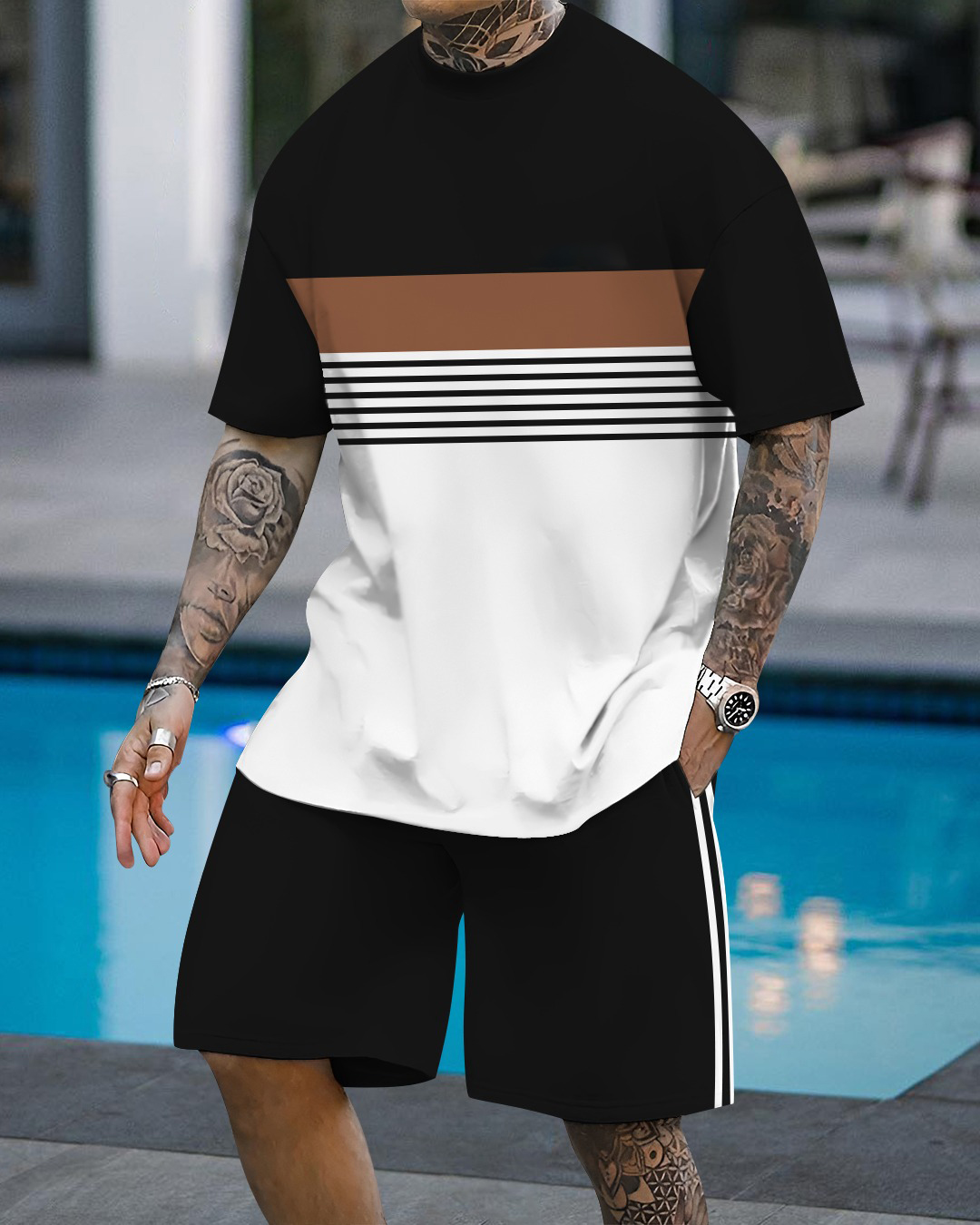 Men's fashion casual geometric print short sleeve two-piece set