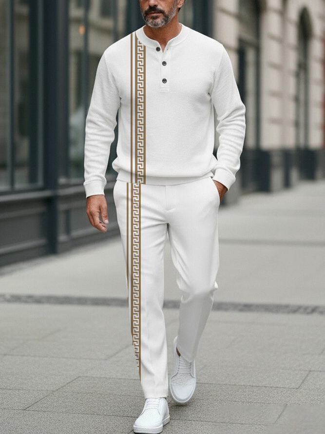 Men's Fashion Casual Geometric Print Long Sleeve Button Design Two-Piece Set