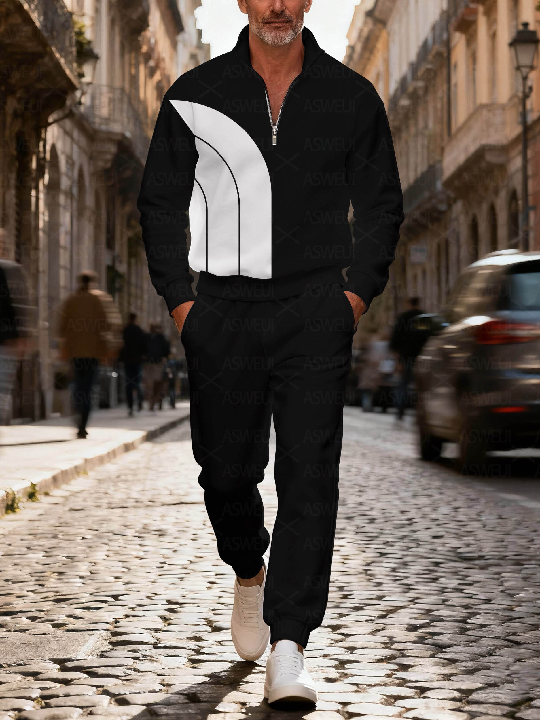 Men's fashionable casual black geometric print zipper long-sleeved two