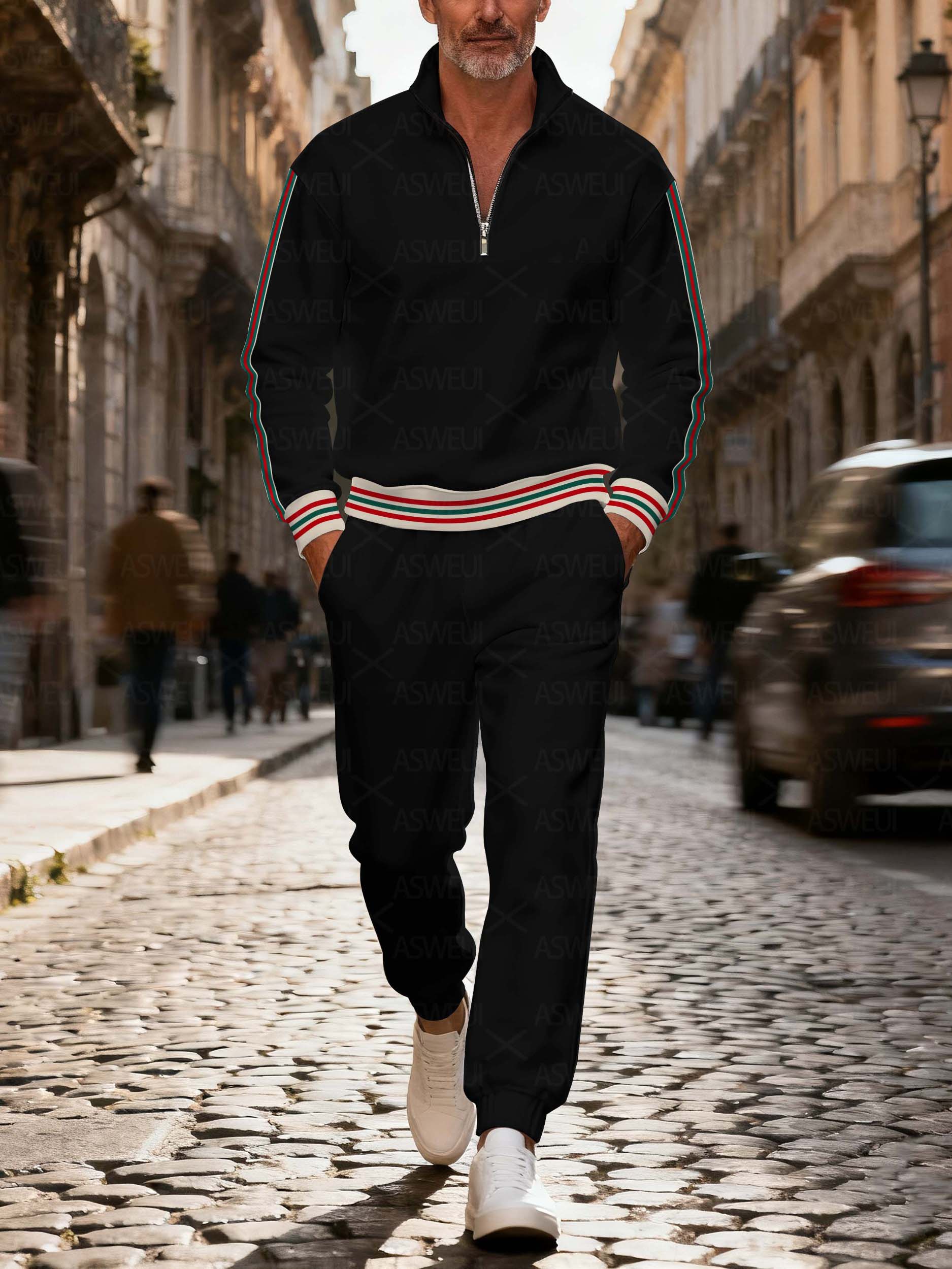 Men's casual fashionable black striped zipper long-sleeved two-piece set