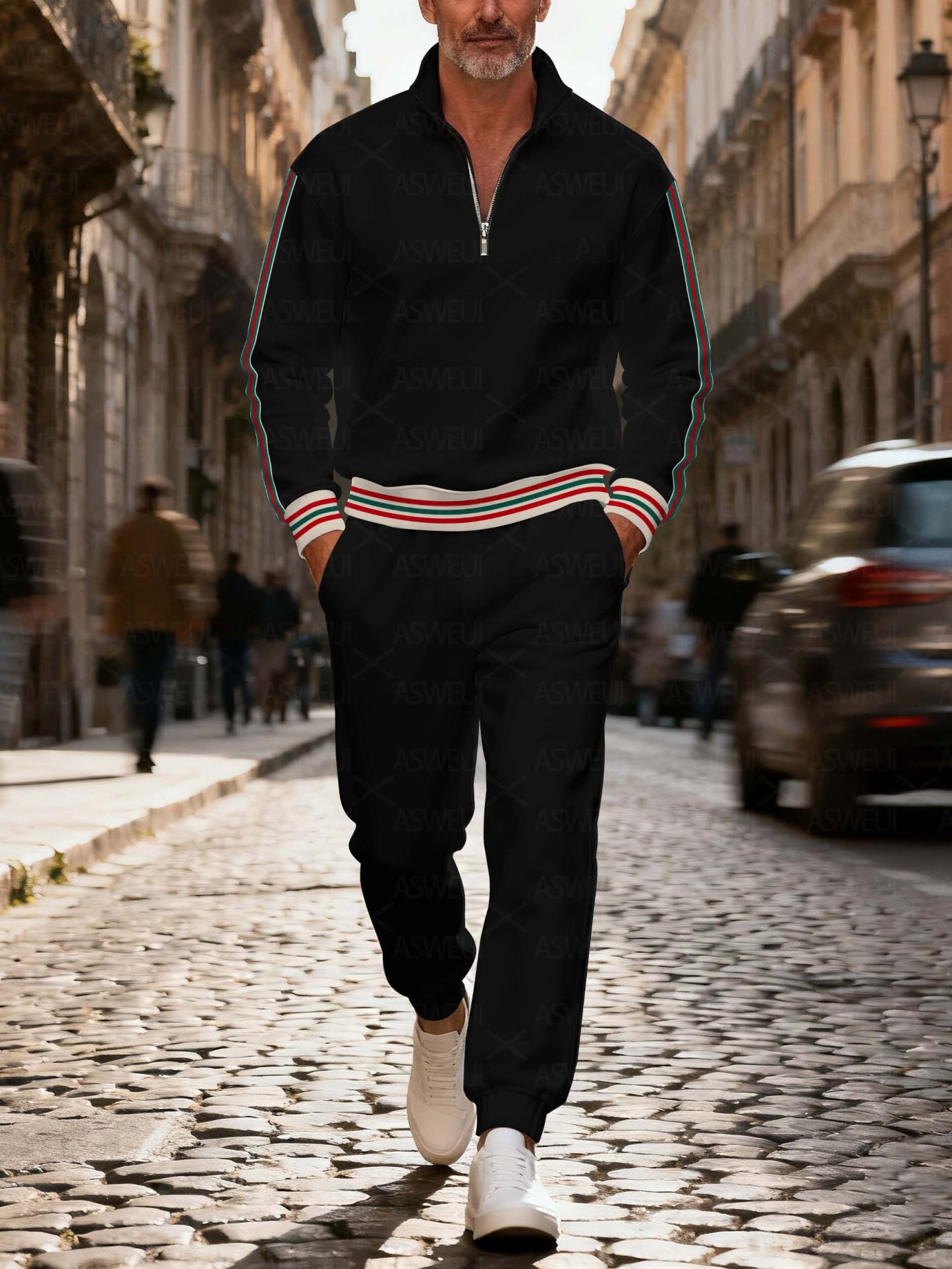 Men's casual fashionable black striped zipper long-sleeved two-piece s