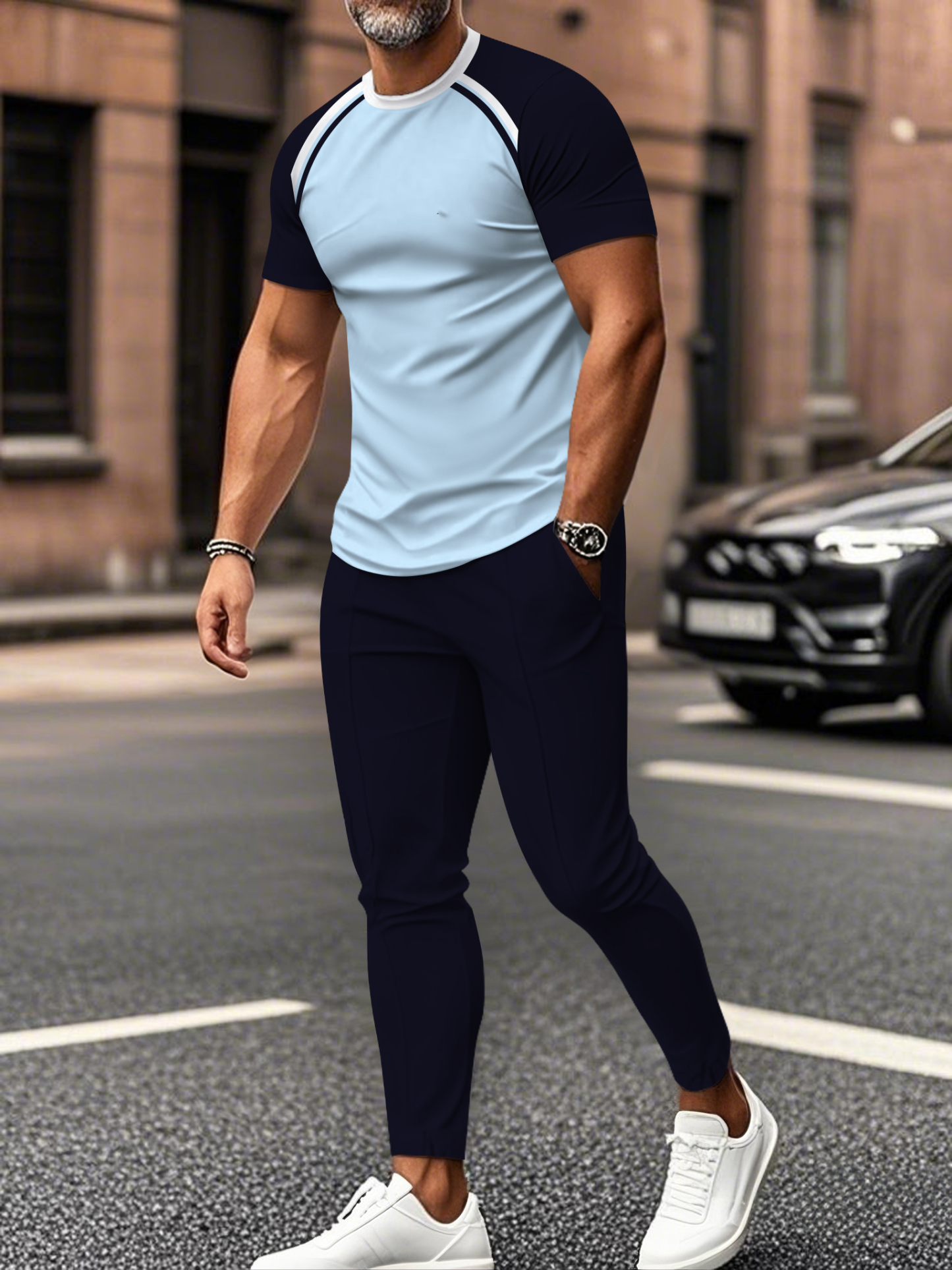 Men's fashion casual color matching striped printed short sleeved trousers two-piece set