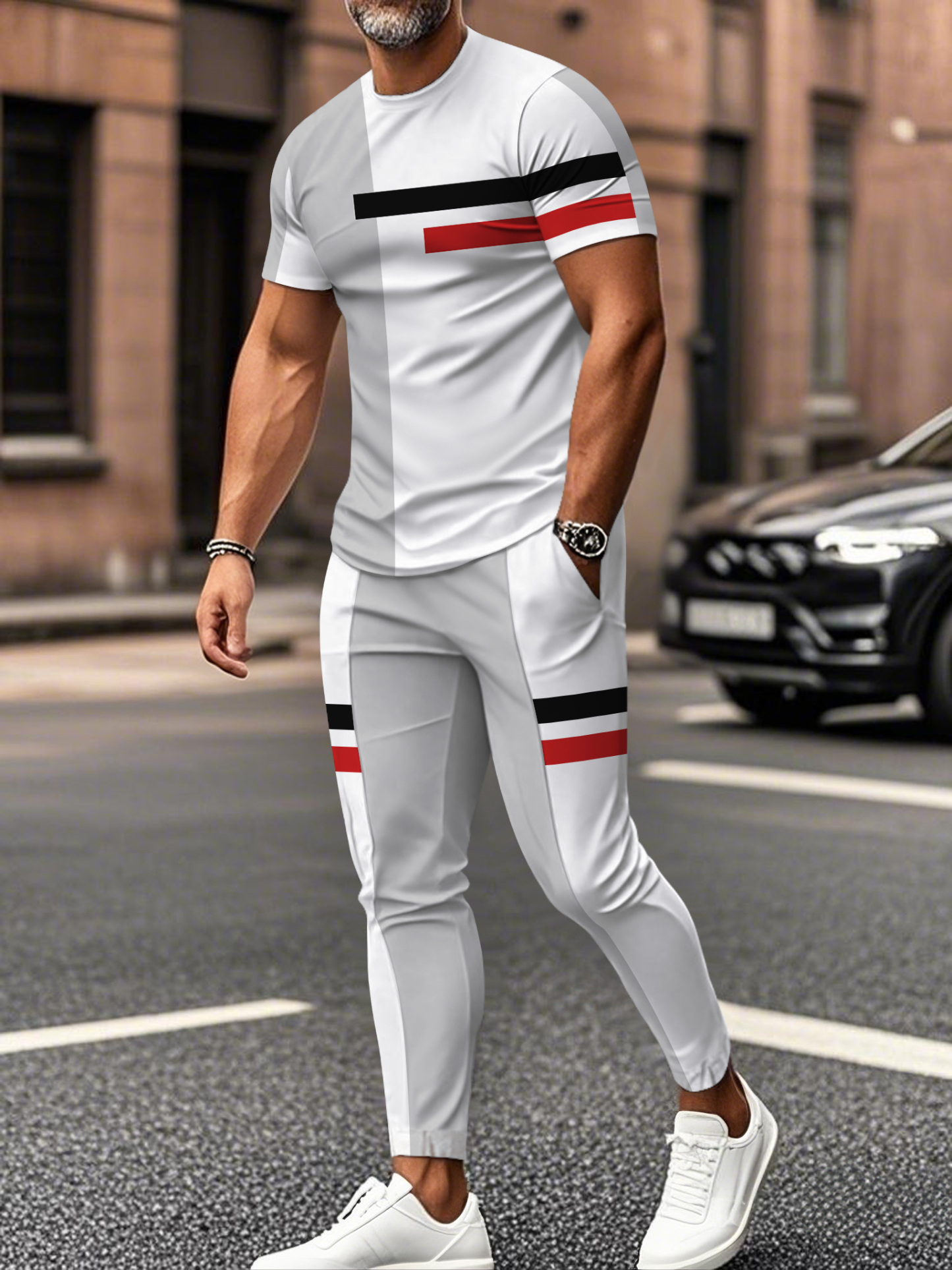 Men's fashion casual color matching striped printed short sleeved trousers two-piece set