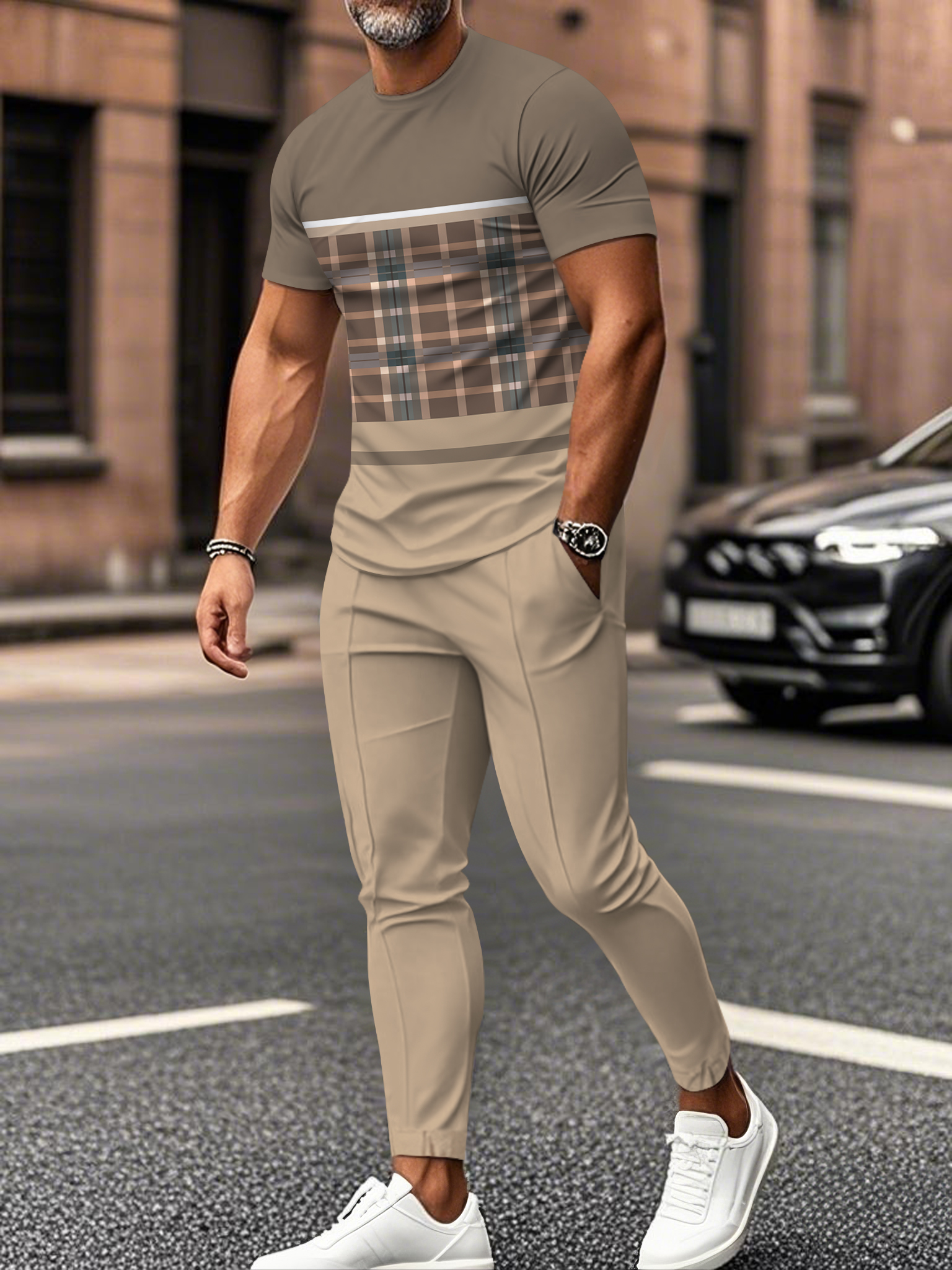 Men's fashion casual color matching striped printed short sleeved trousers two-piece set