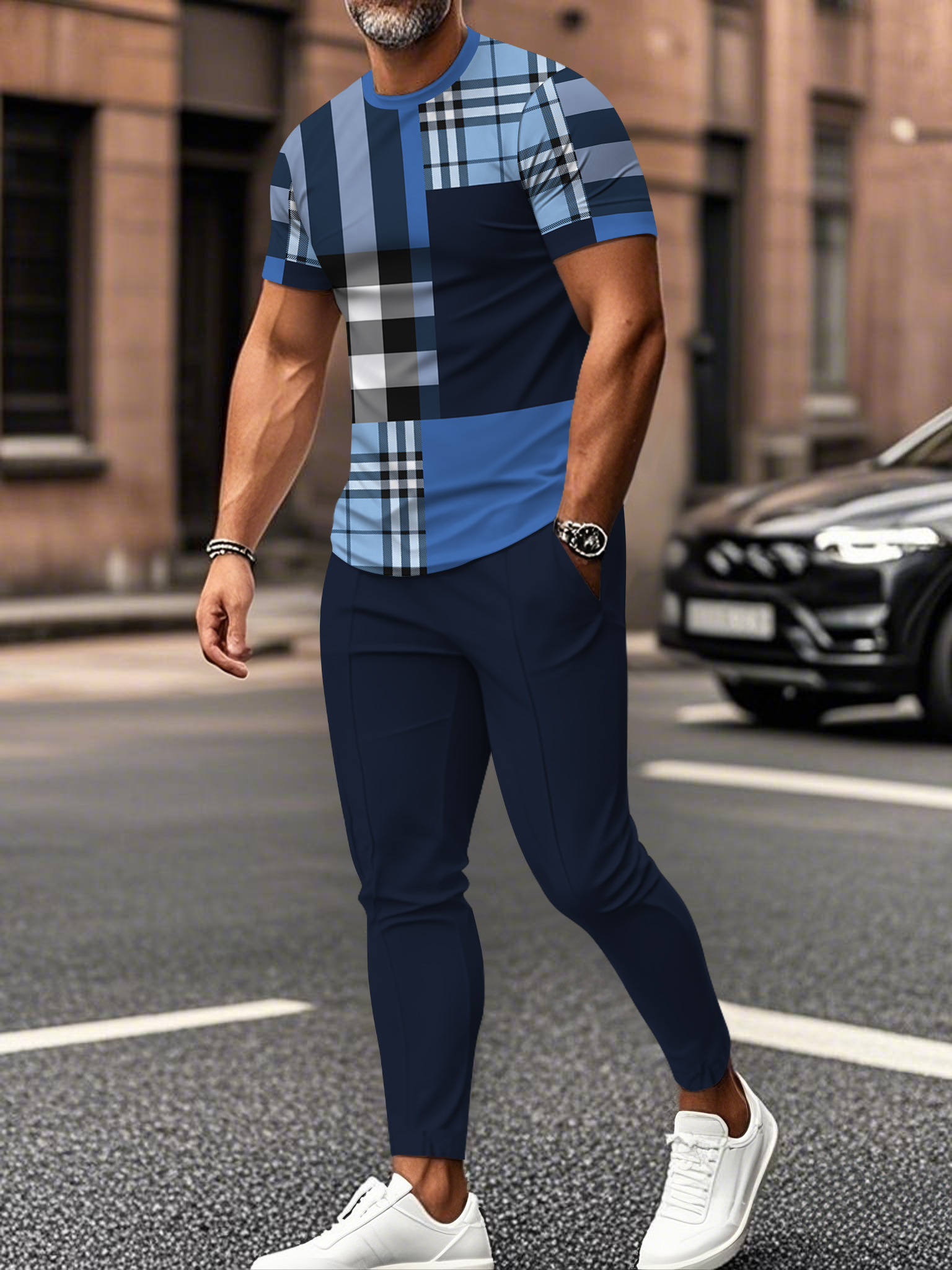Men's fashion casual color matching striped printed short sleeved trousers two-piece set