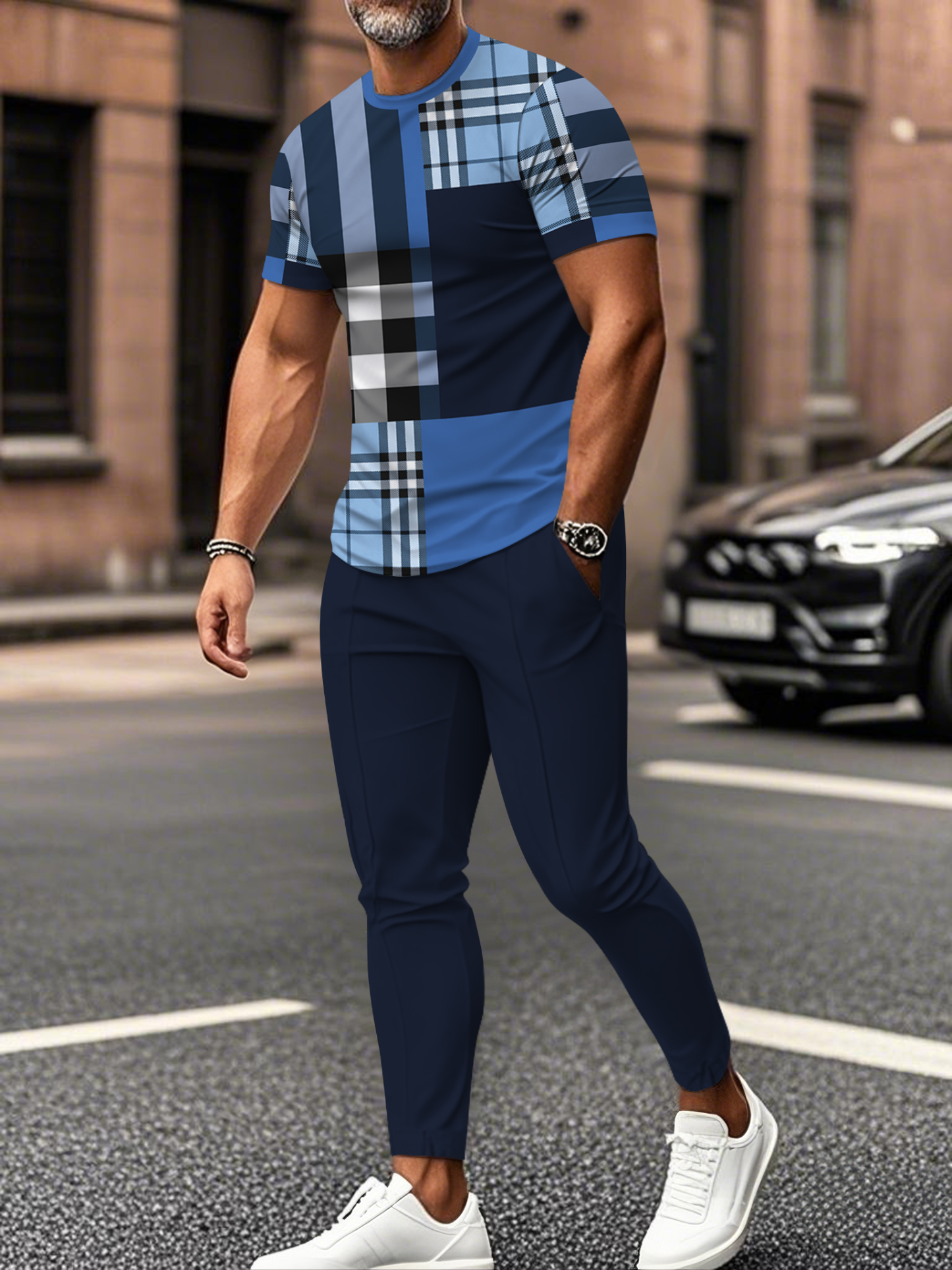 Men's fashion casual color matching striped printed short sleeved trousers two-piece set