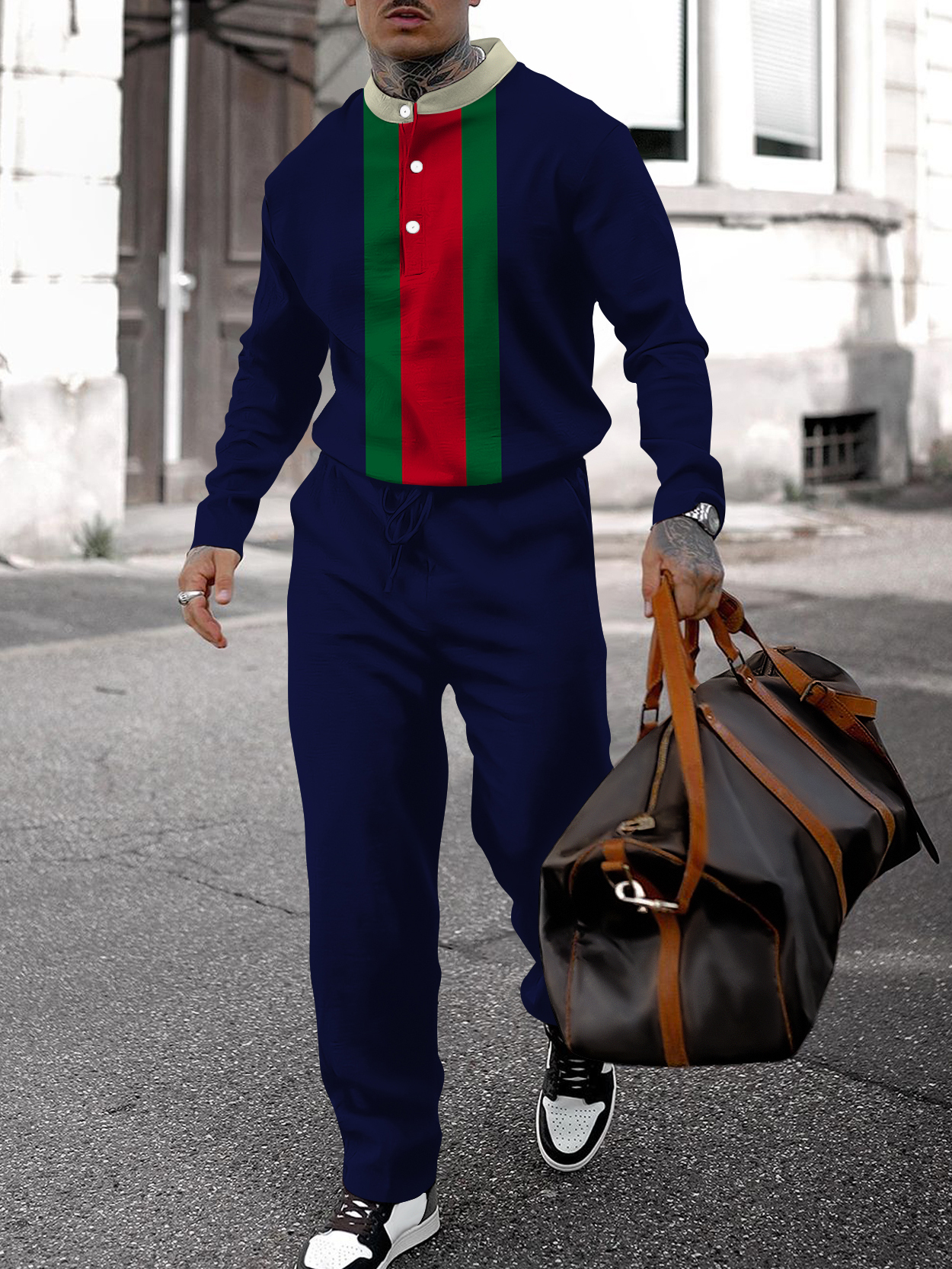 Men's fashion casual geometric print long sleeve two-piece set