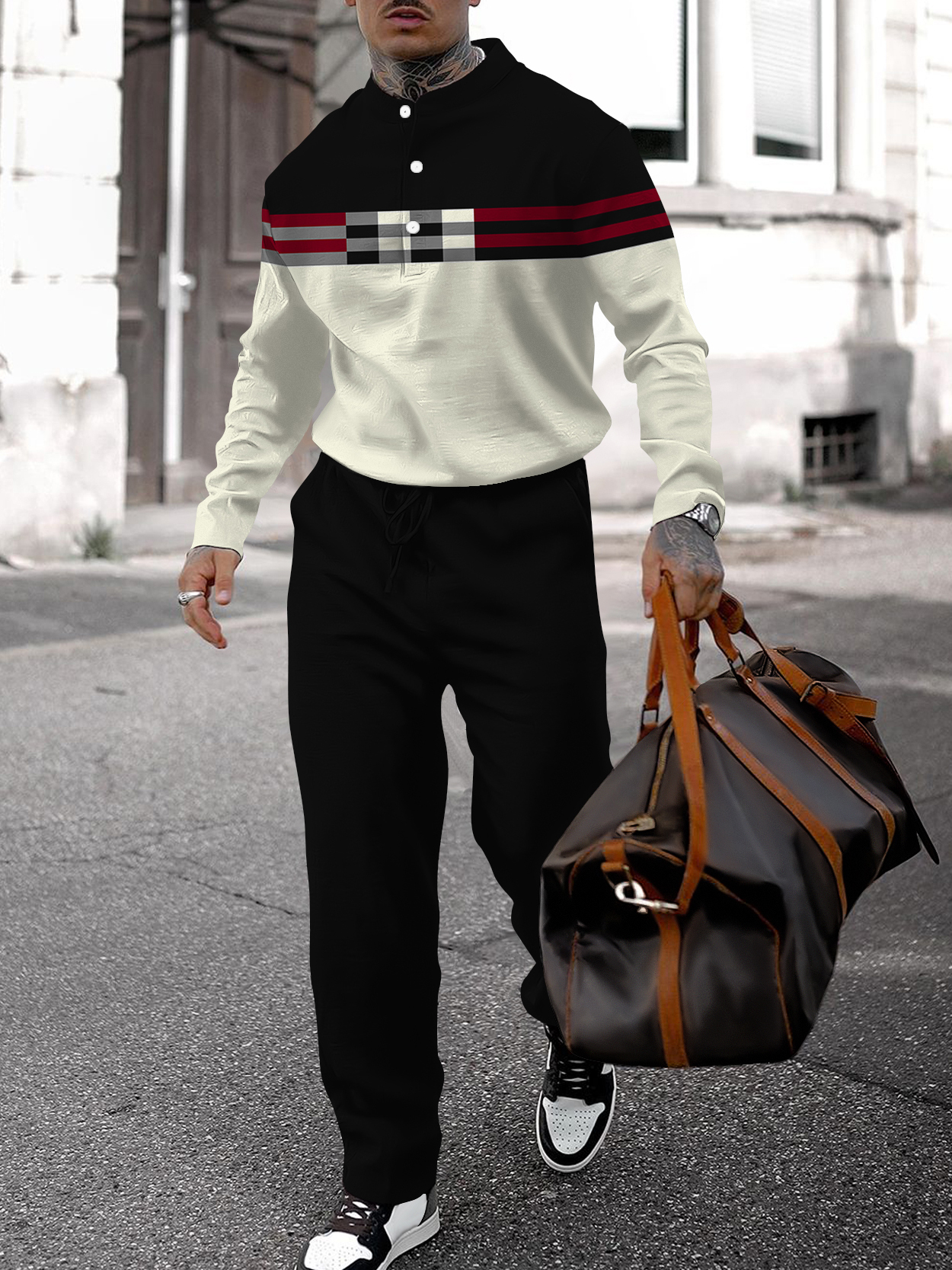 Men's fashion casual geometric print long sleeve two-piece set