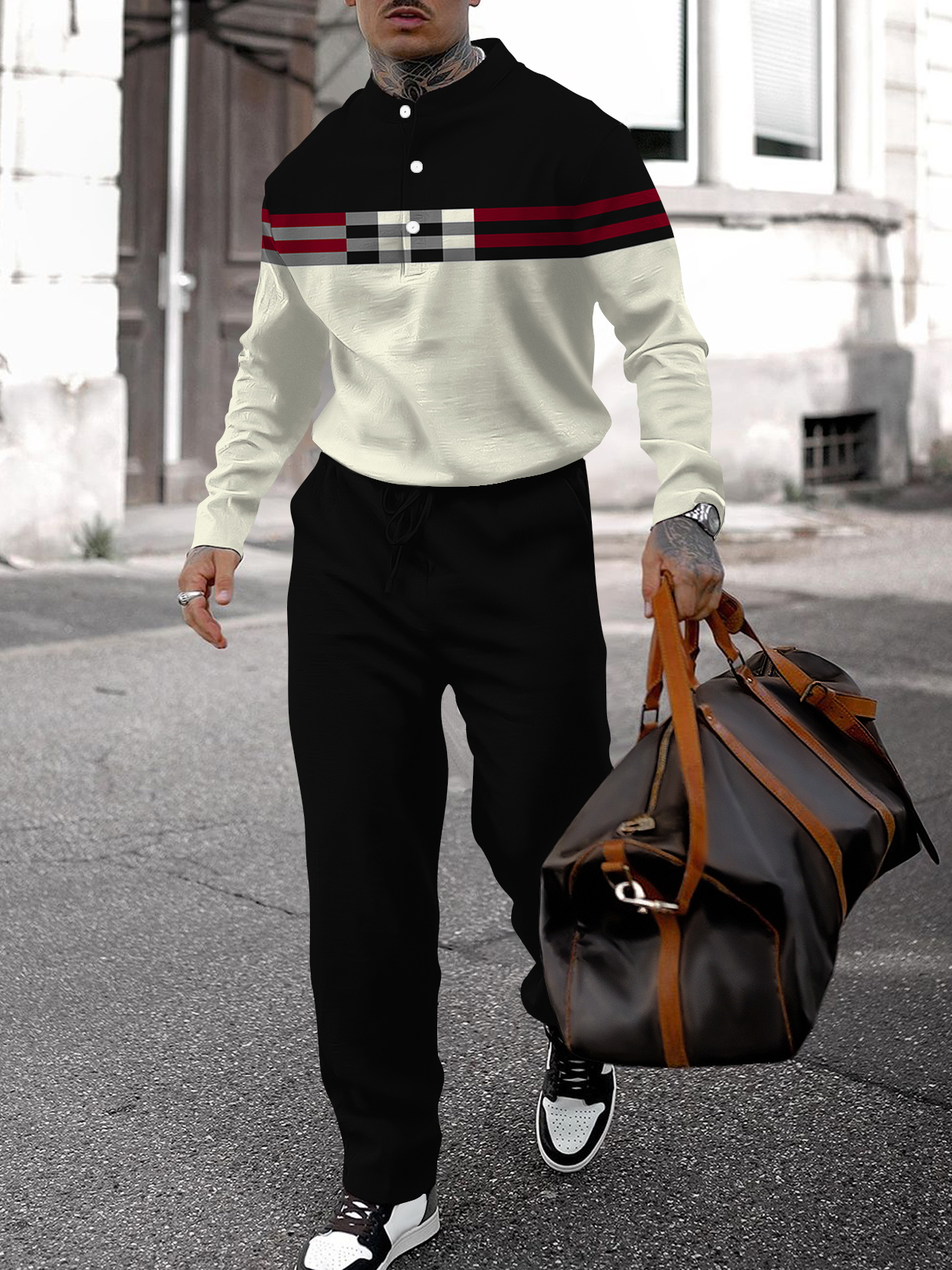 Men's fashion casual geometric print long sleeve two-piece set