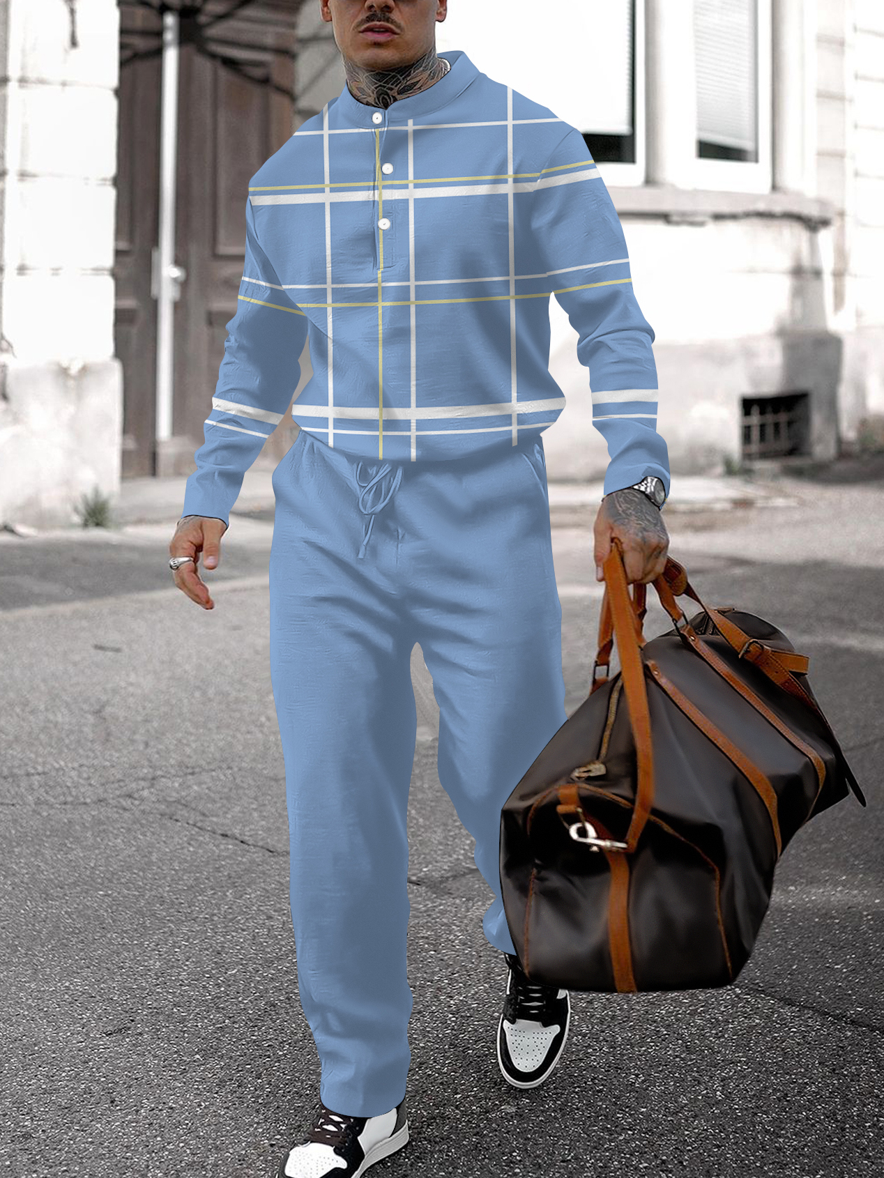 Men's fashion casual geometric print long sleeve two-piece set