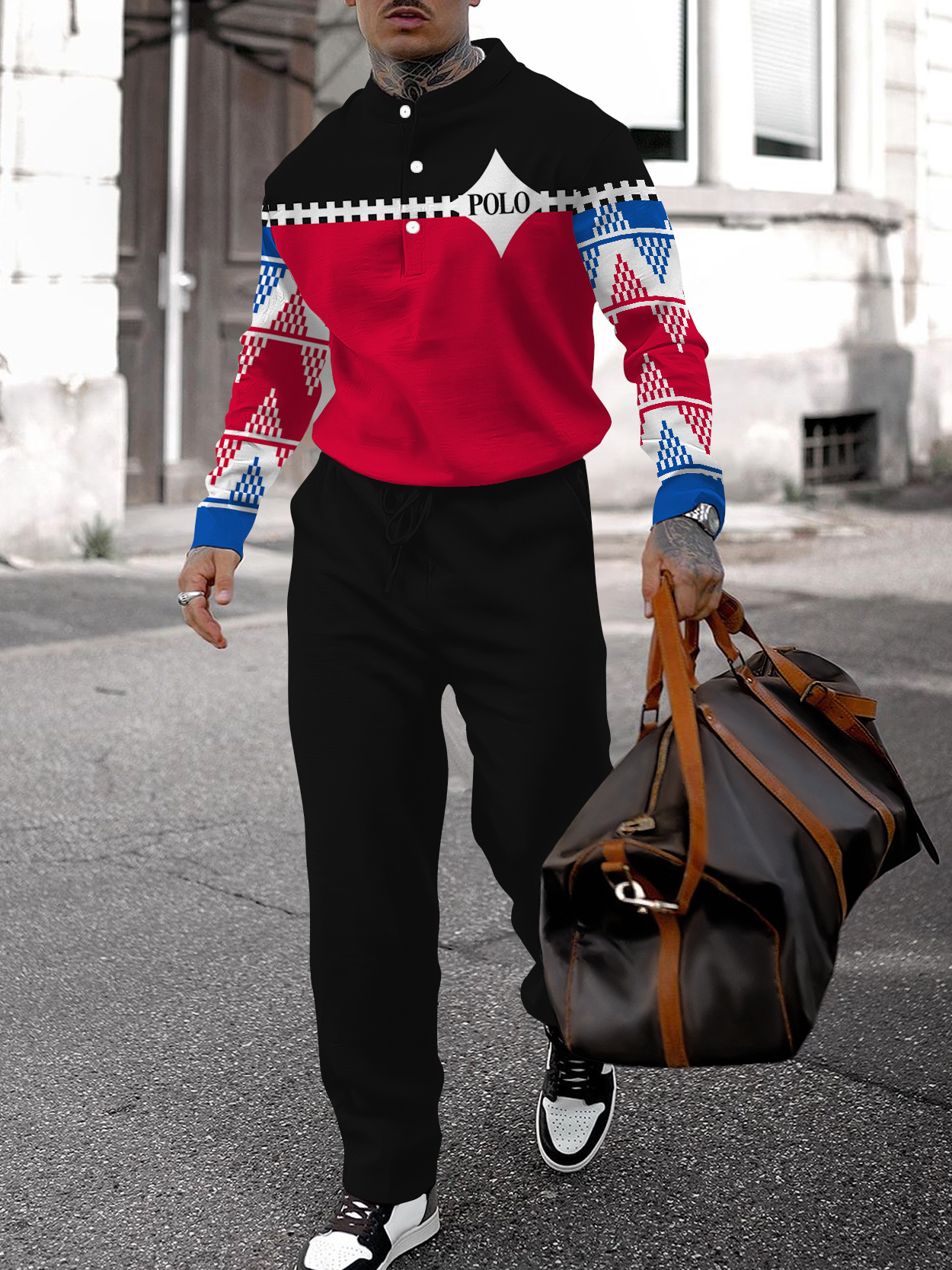 Men's fashion casual geometric print long sleeve two-piece set