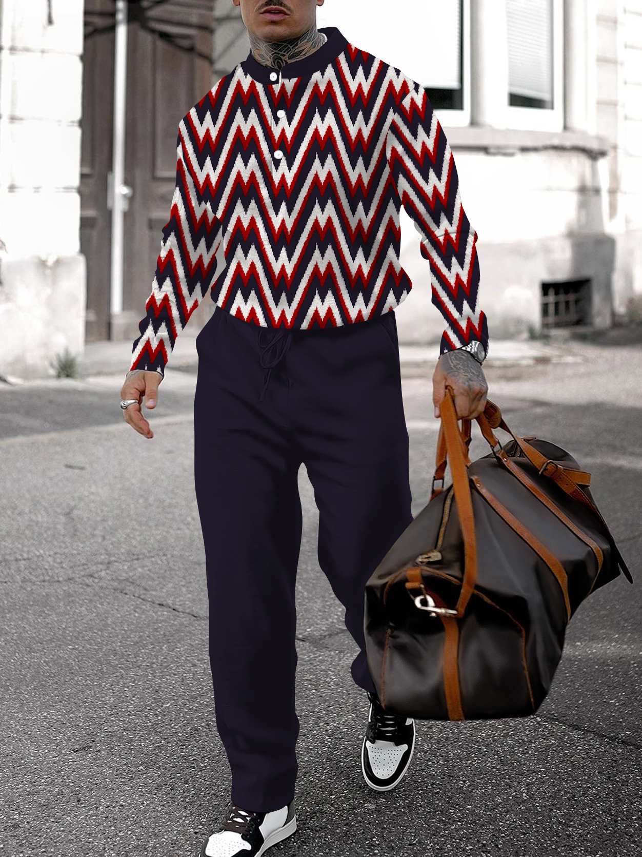 Men's fashion casual geometric print long sleeve two-piece set