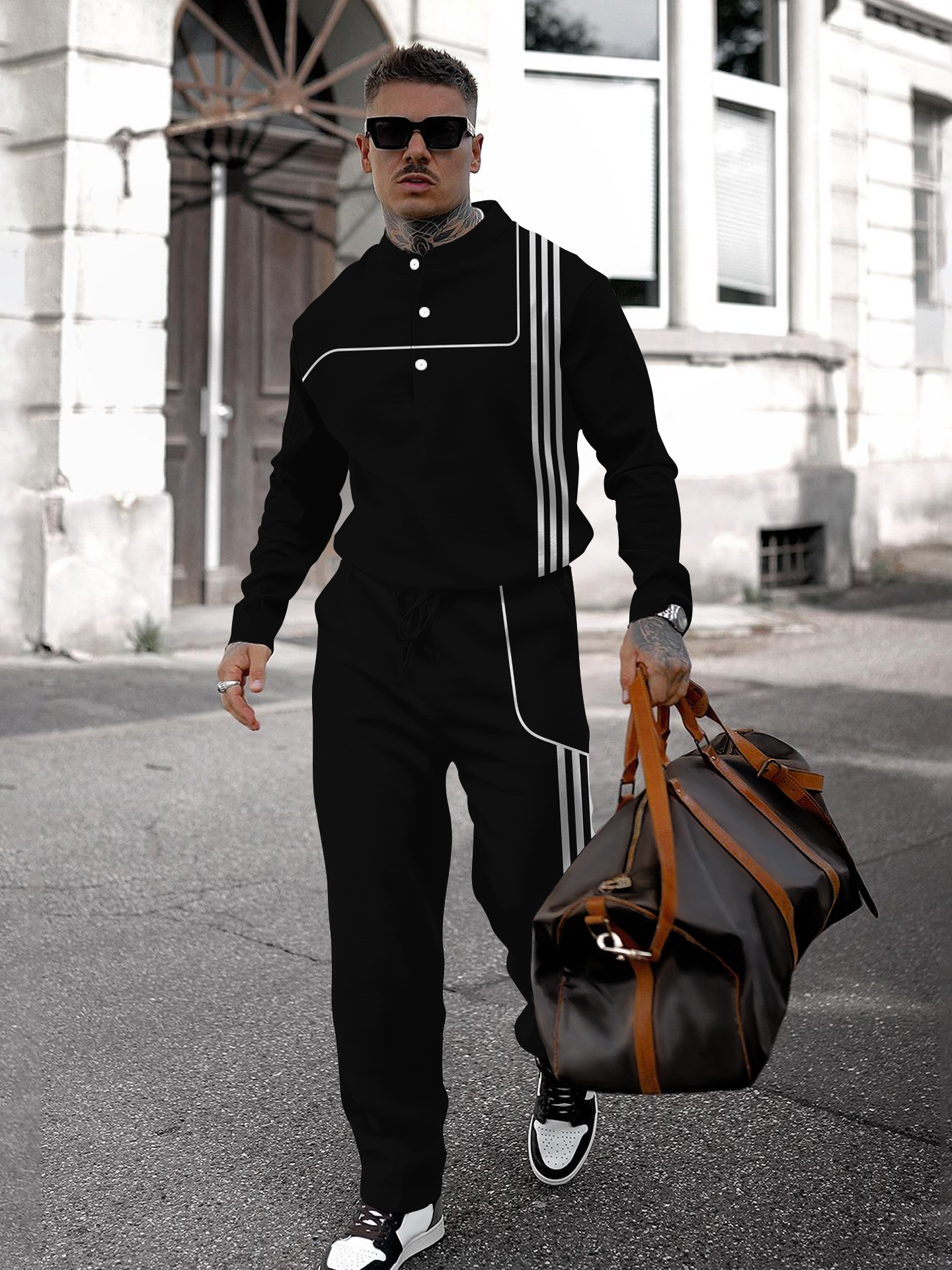 Men's fashion casual geometric print long sleeve two-piece set