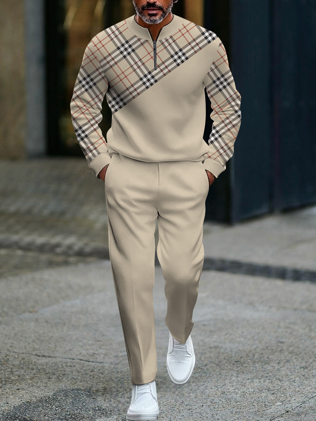 Men's fashion casual geometric print long sleeve zipper two-piece set