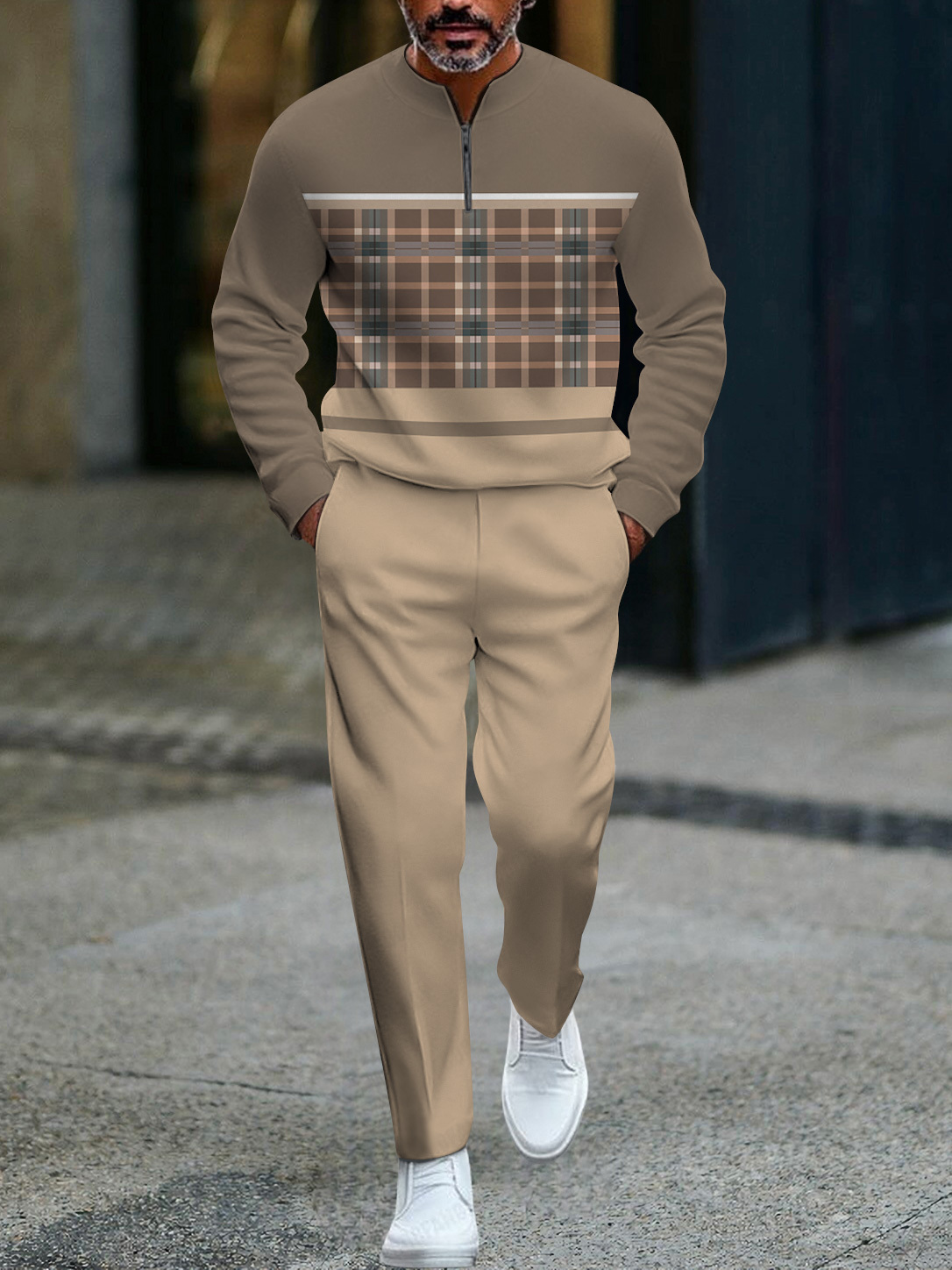 Men's fashion casual geometric print long sleeve zipper two-piece set