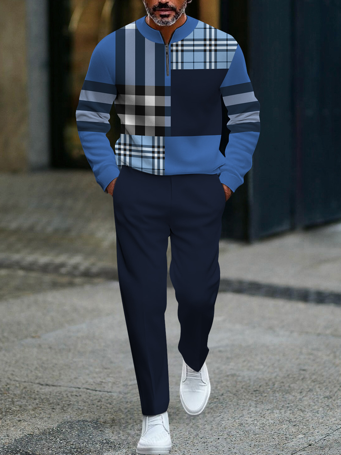 Men's fashion casual geometric print long sleeve zipper two-piece set