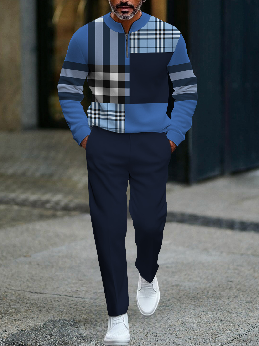 Men's fashion casual geometric print long sleeve zipper two-piece set