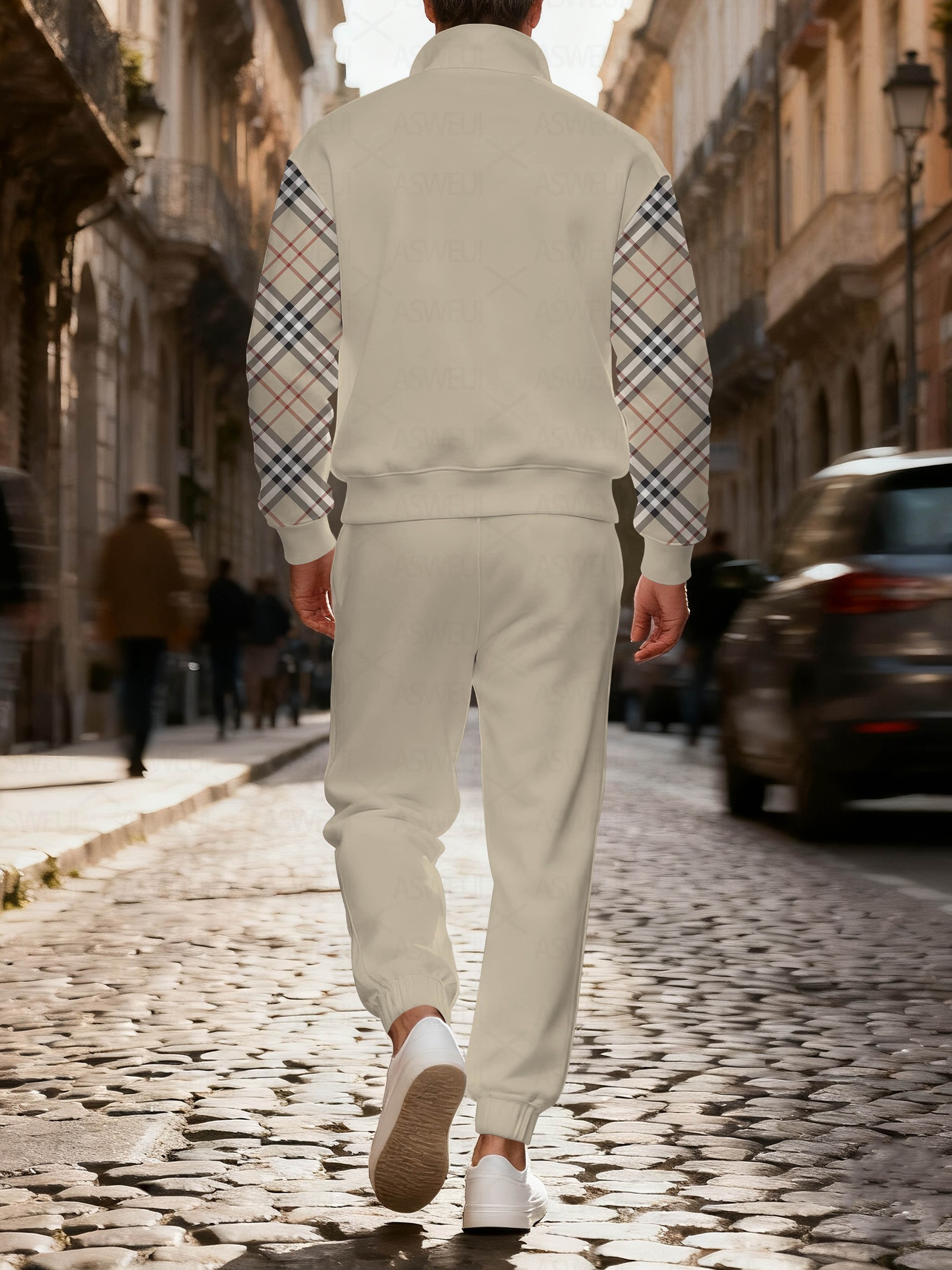 Men's stylish casual khaki checkered print zipper long-sleeved two-piece set