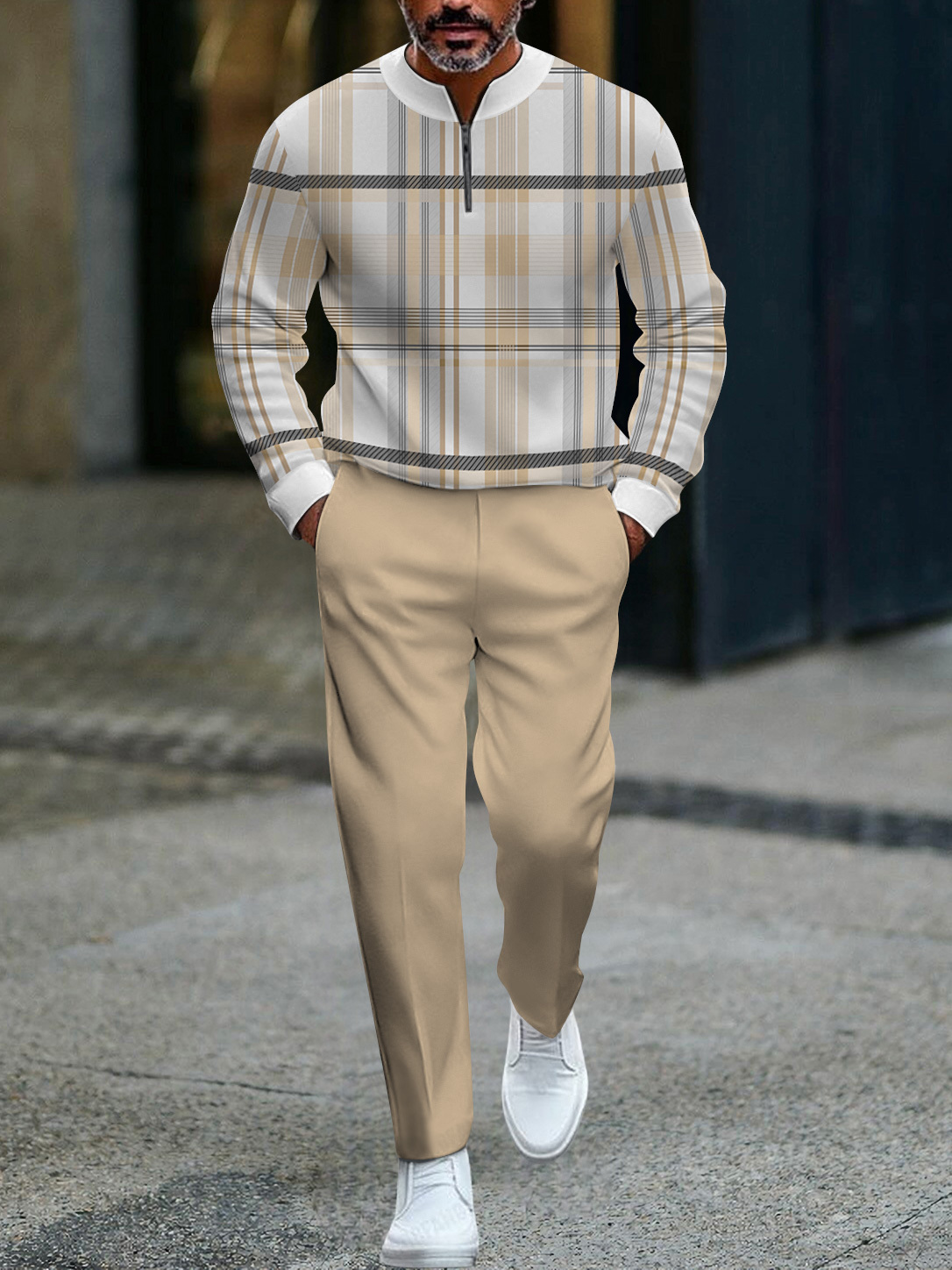 Men's fashion casual geometric print long sleeve zipper two-piece set