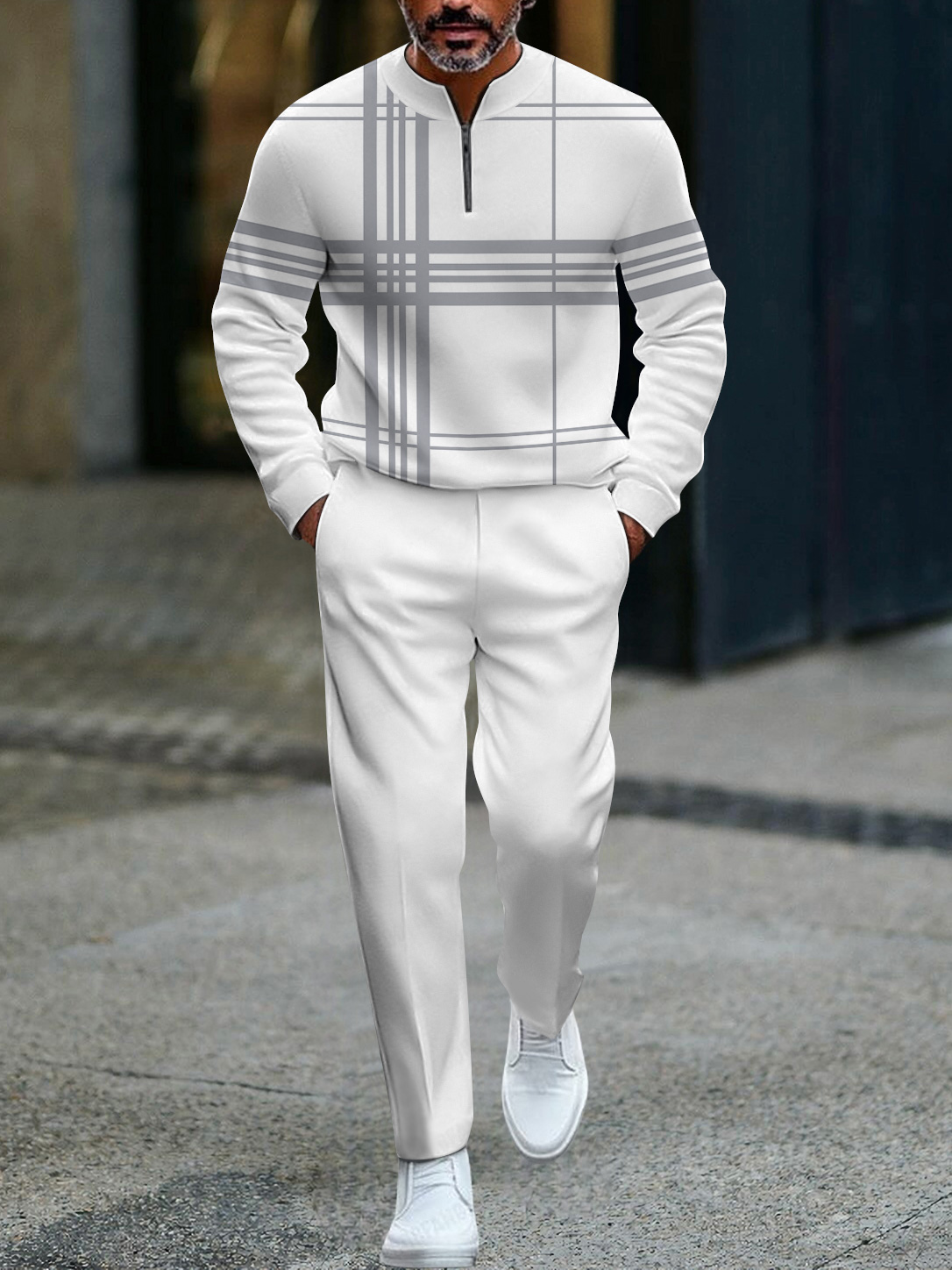 Men's fashion casual geometric print long sleeve zipper two-piece set