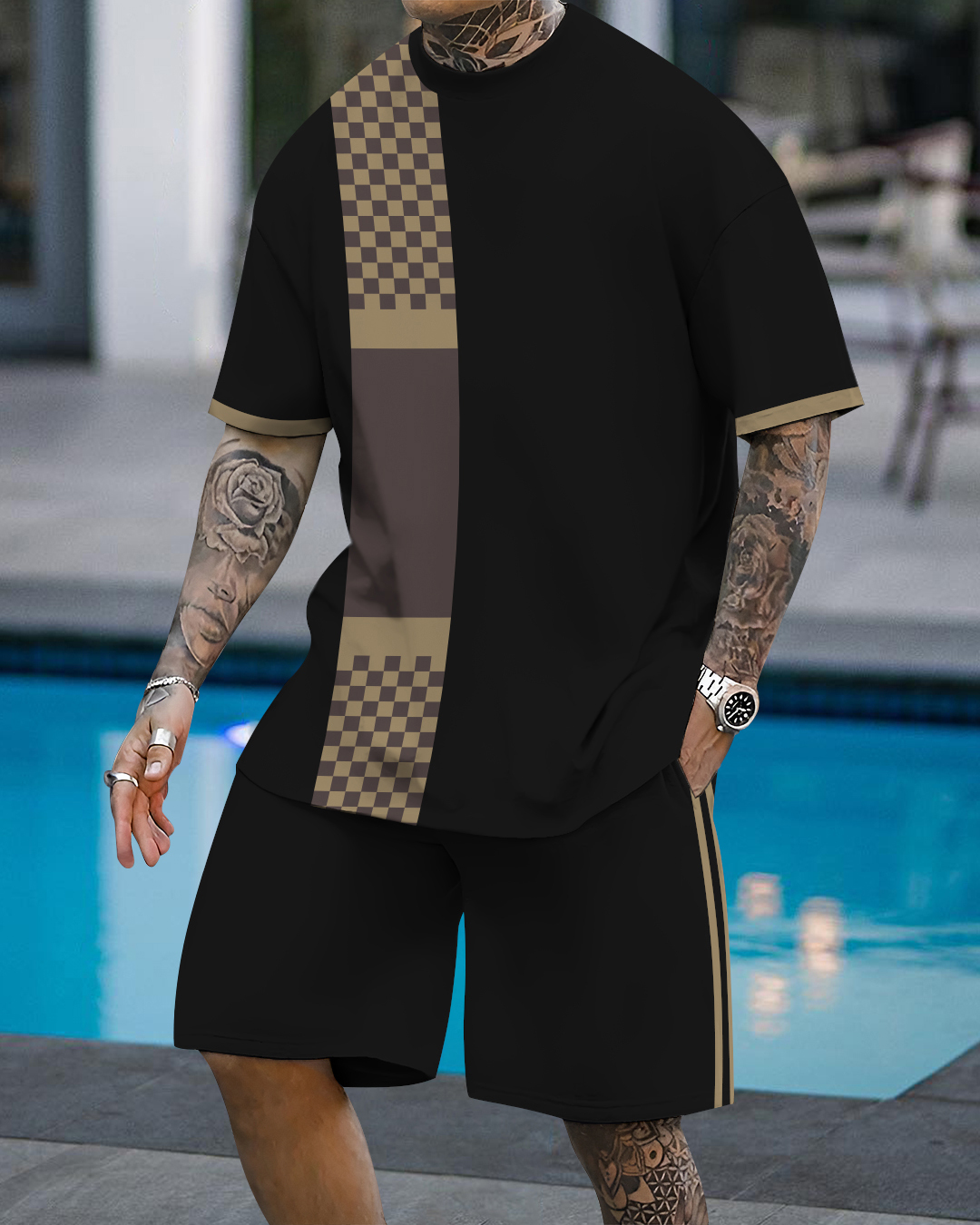 Men's fashion casual color matching printed short-sleeved two-piece se