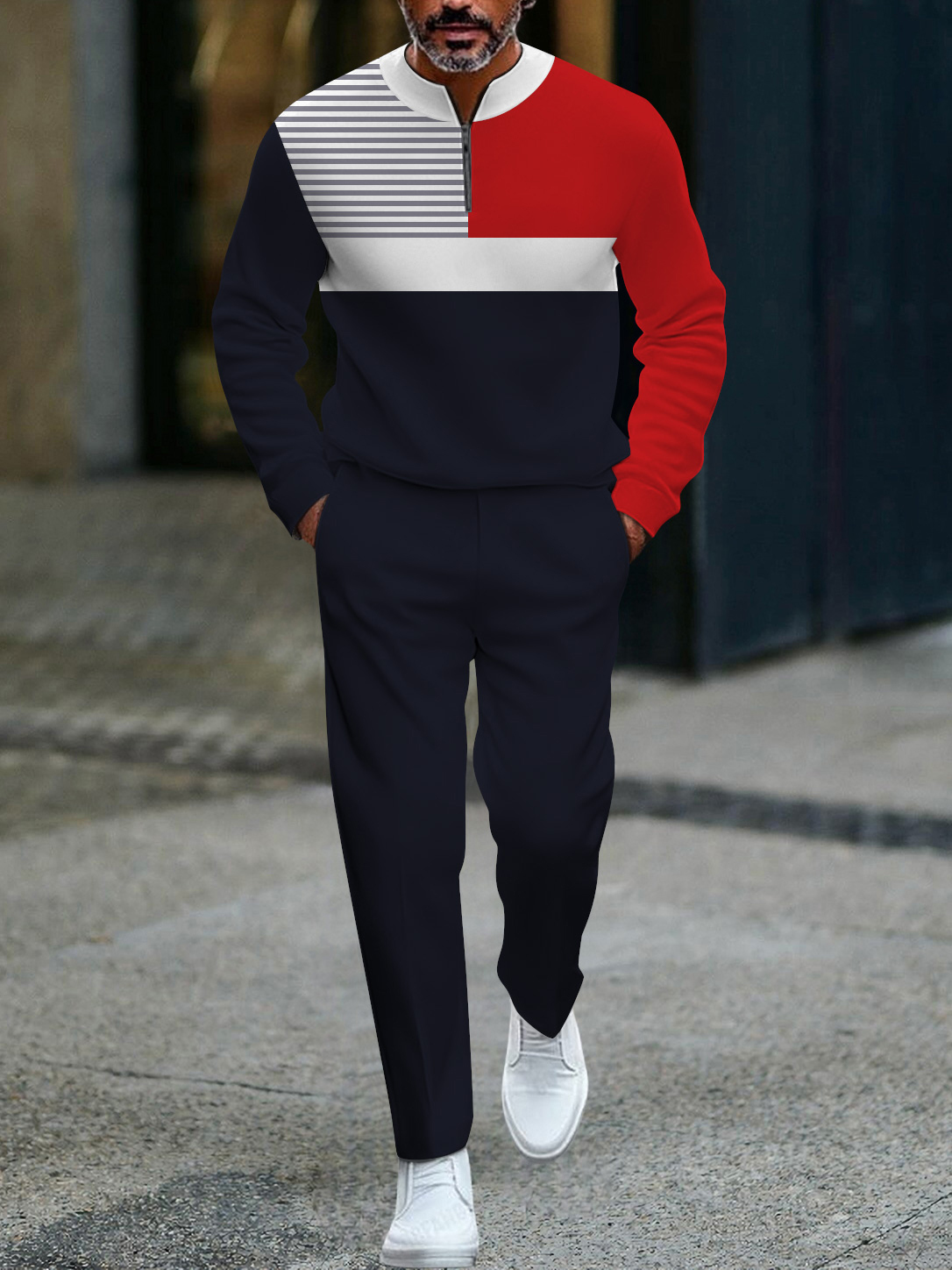 Men's fashion casual geometric print long sleeve zipper two-piece set