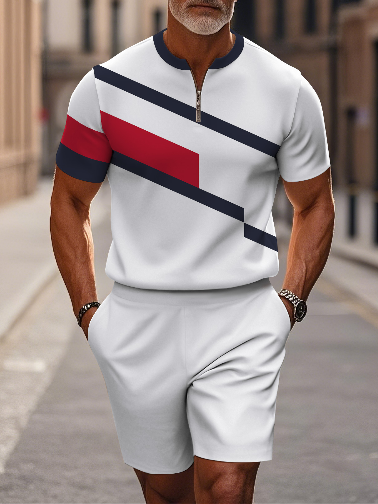 Men's fashion casual round-neck zipper geometric printed short-sleeved two-piece set