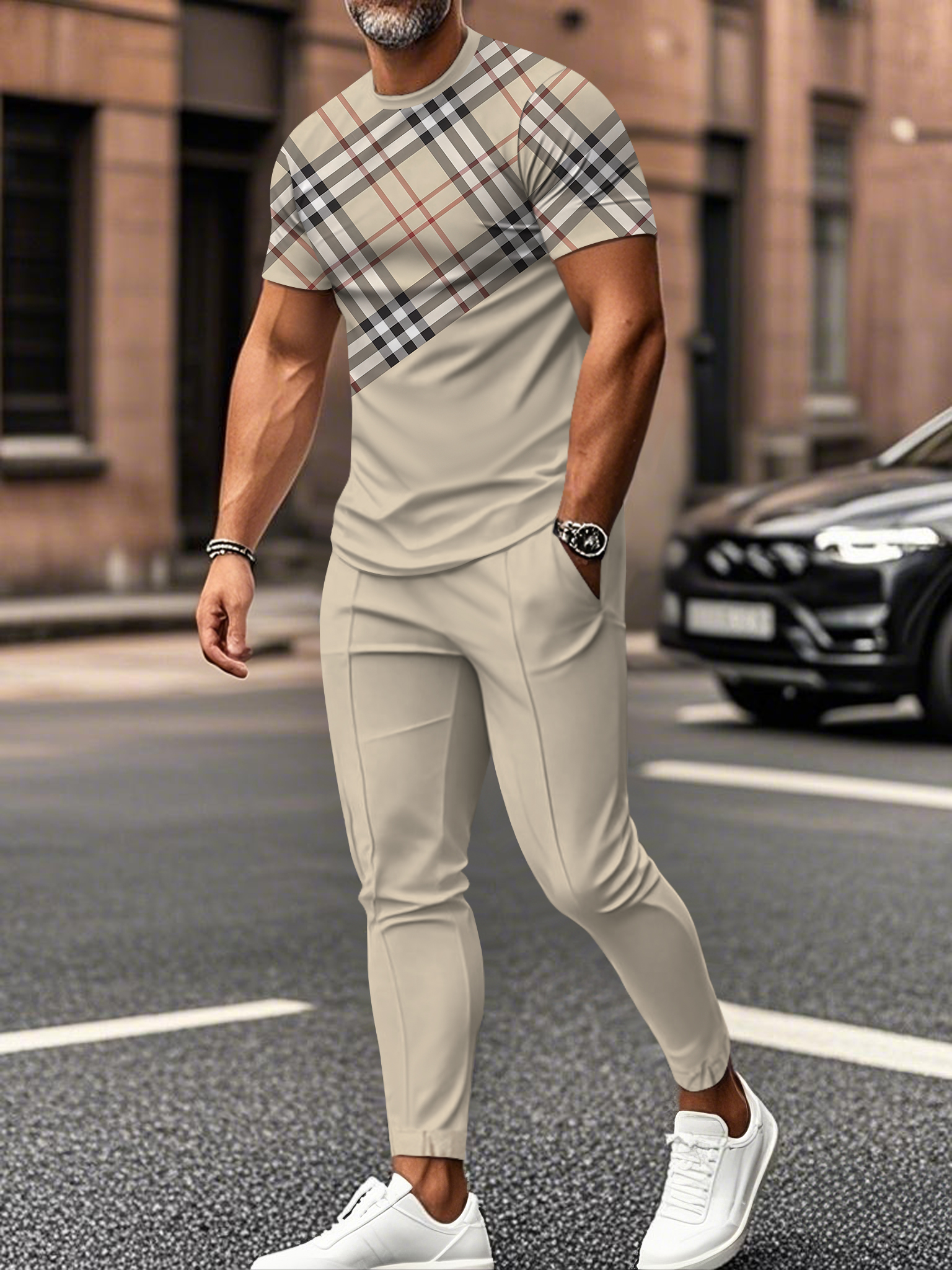 Men's fashion casual color matching striped printed short sleeved trousers two-piece set