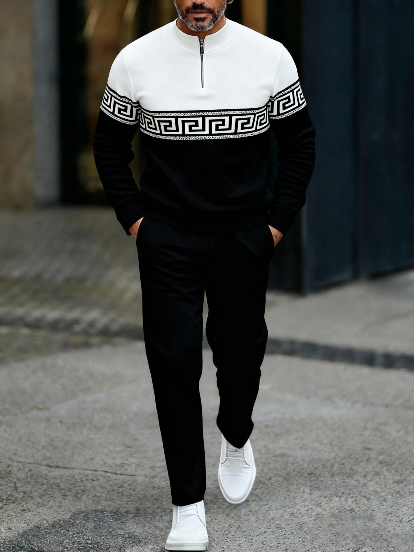 Men's fashionable casual business color-block round-neck zipper long-s