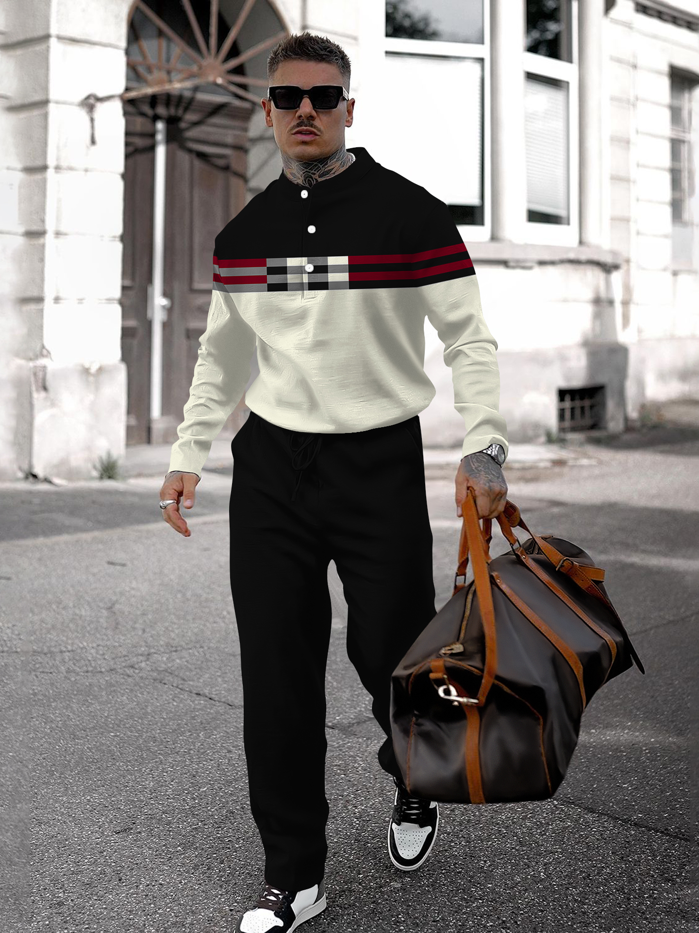 Men's fashion casual geometric print long sleeve two-piece set