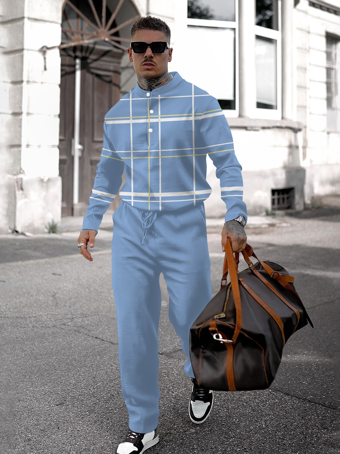 Men's fashion casual geometric print long sleeve two-piece set