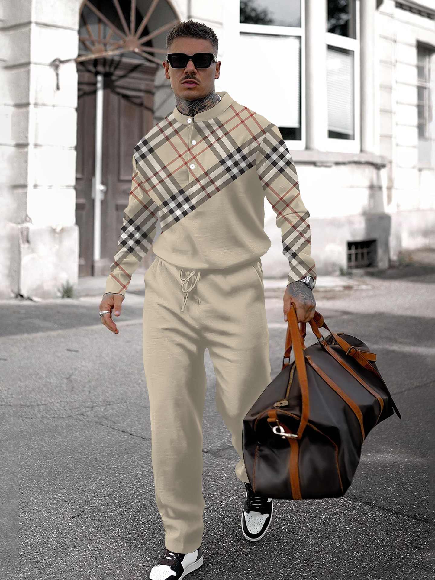 Men's fashion casual geometric print long sleeve two-piece set