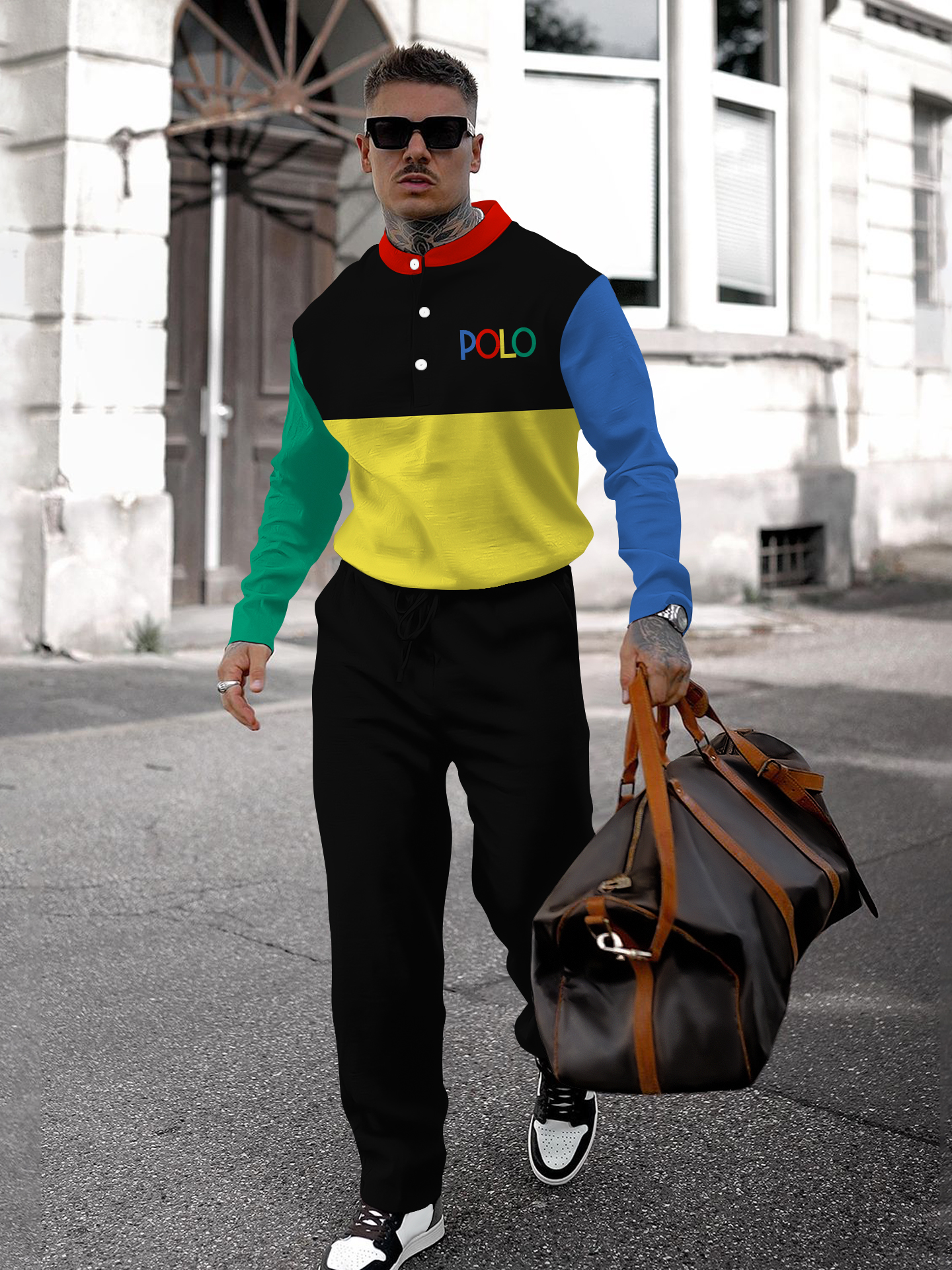 Men's fashion casual geometric print long sleeve two-piece set