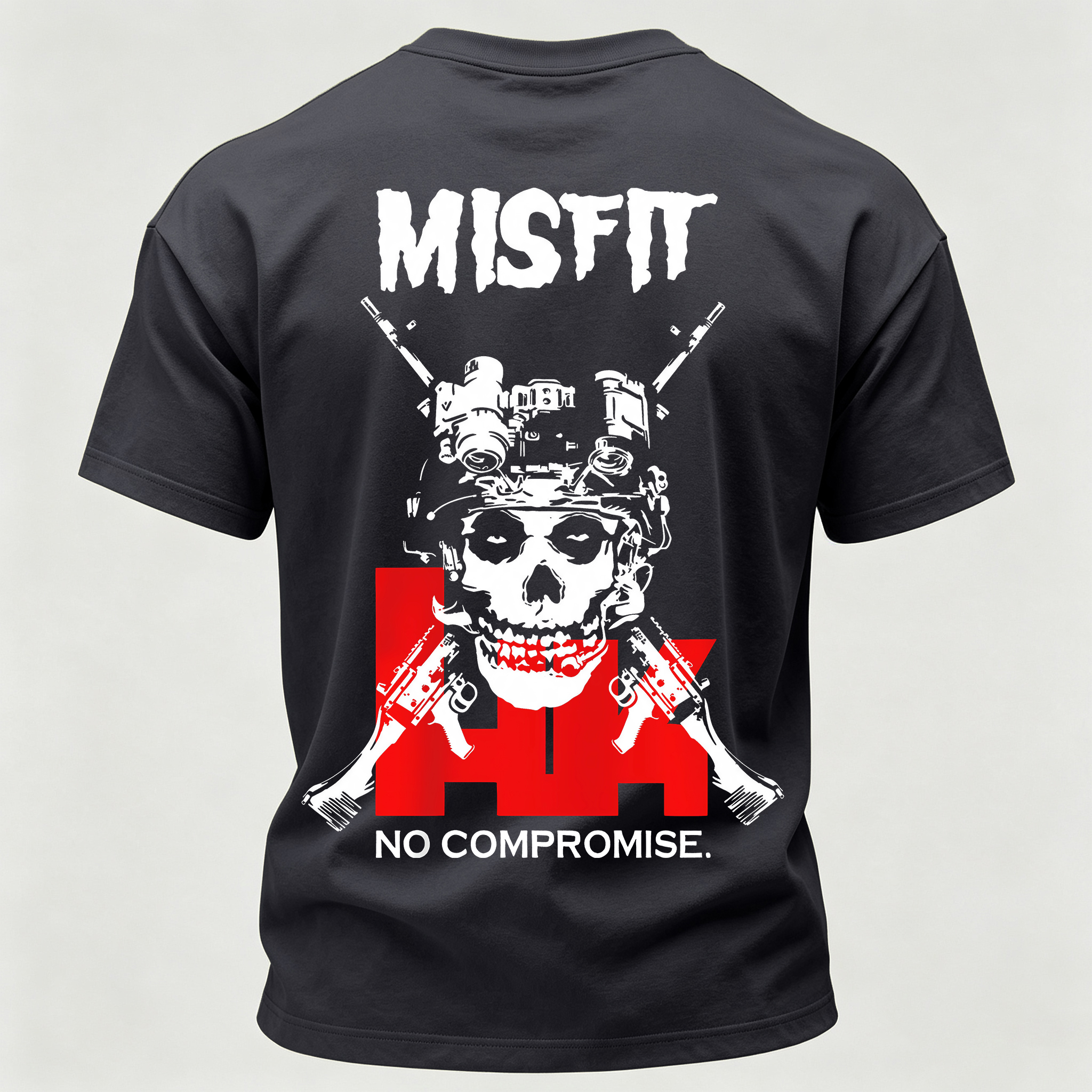 Men’s MISFIT No Compromise Tactical Skull Helmet NVG Rifle Graphic Tee Back Print T Shirt