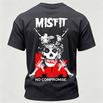 Men’s MISFIT No Compromise Tactical Skull Helmet NVG Rifle Graphic Tee Back Print T Shirt