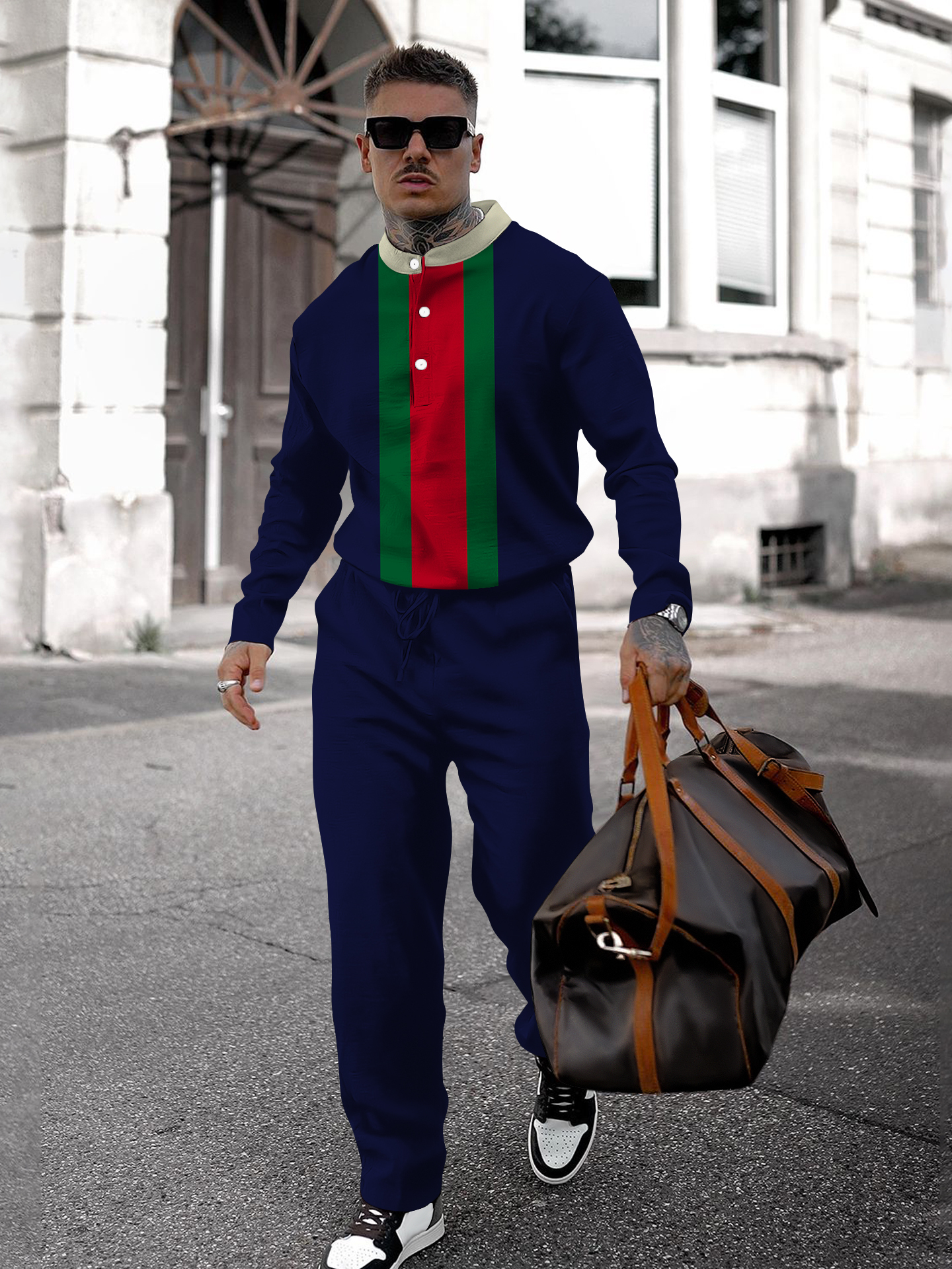 Men's fashion casual geometric print long sleeve two-piece set