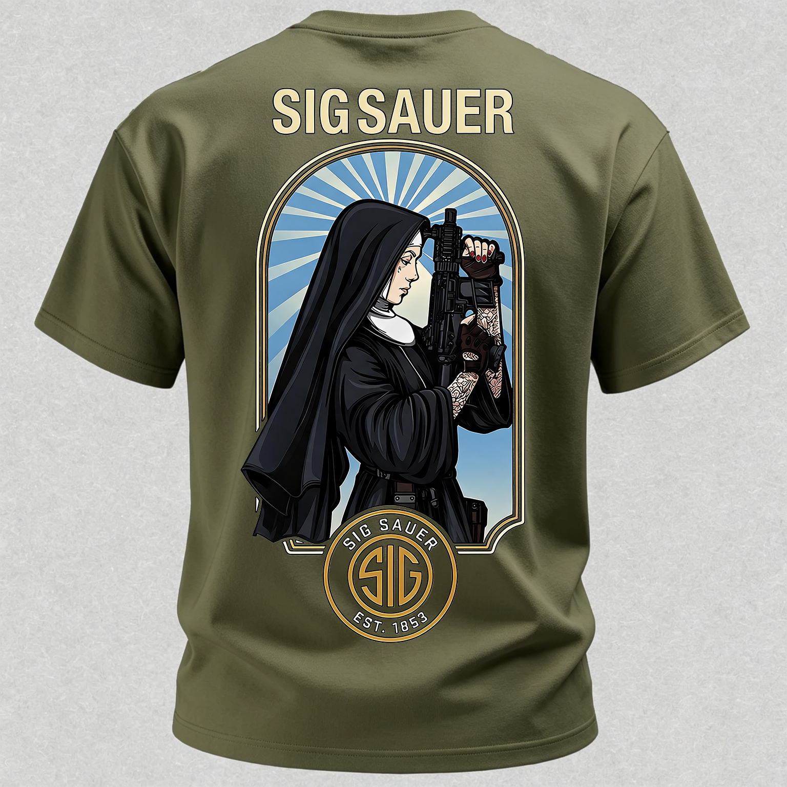 Precision Tactical Arch Window Nun with Rifle Since 1853 Vintage Illustration Cotton Print Men's T-Shirt