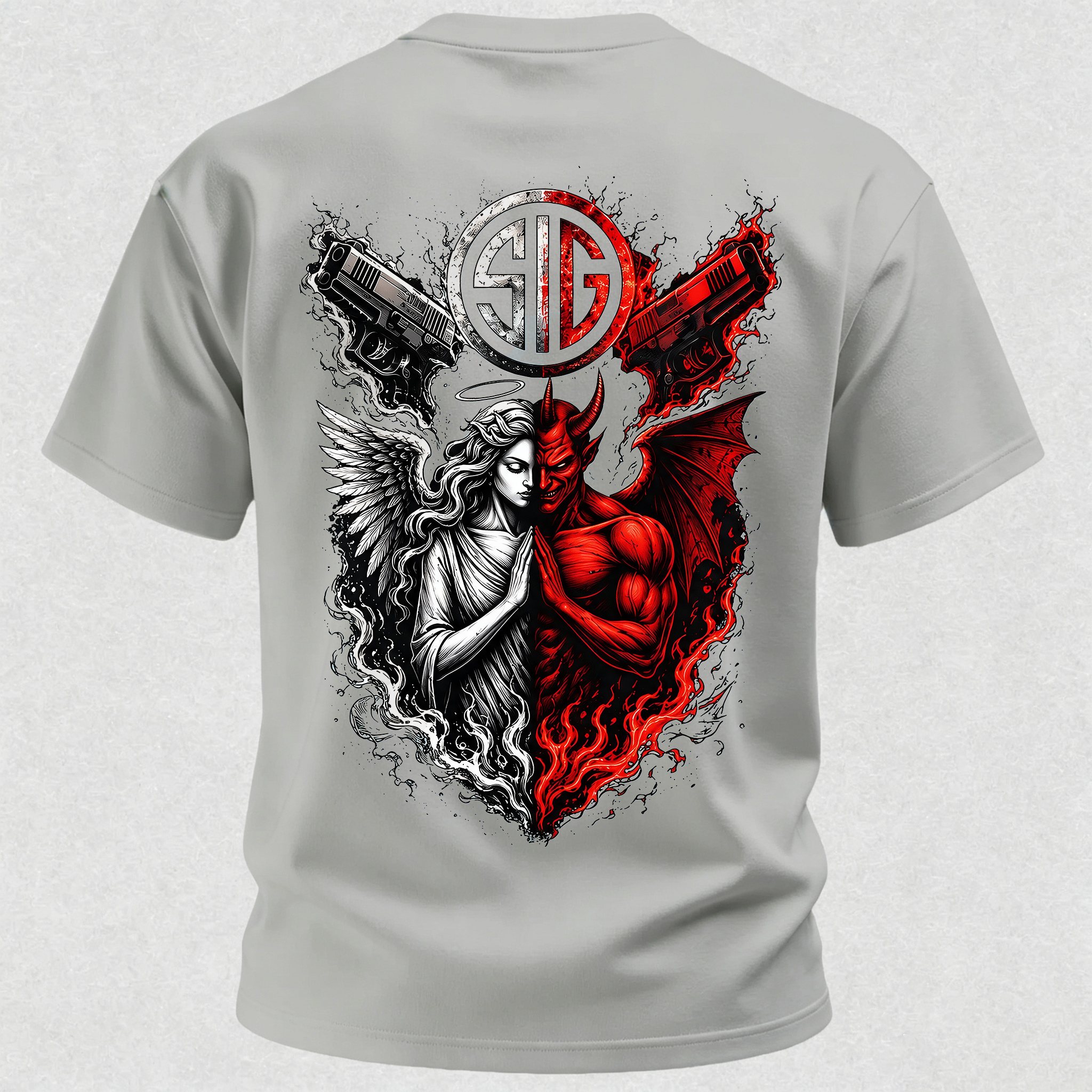 Angel and Demon Dual Pistols Men's Cotton Graphic T-Shirt Tactical Heaven and Hell Combat
