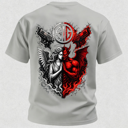 Angel and Demon Dual Pistols Men's Cotton Graphic T-Shirt Tactical Heaven and Hell Combat
