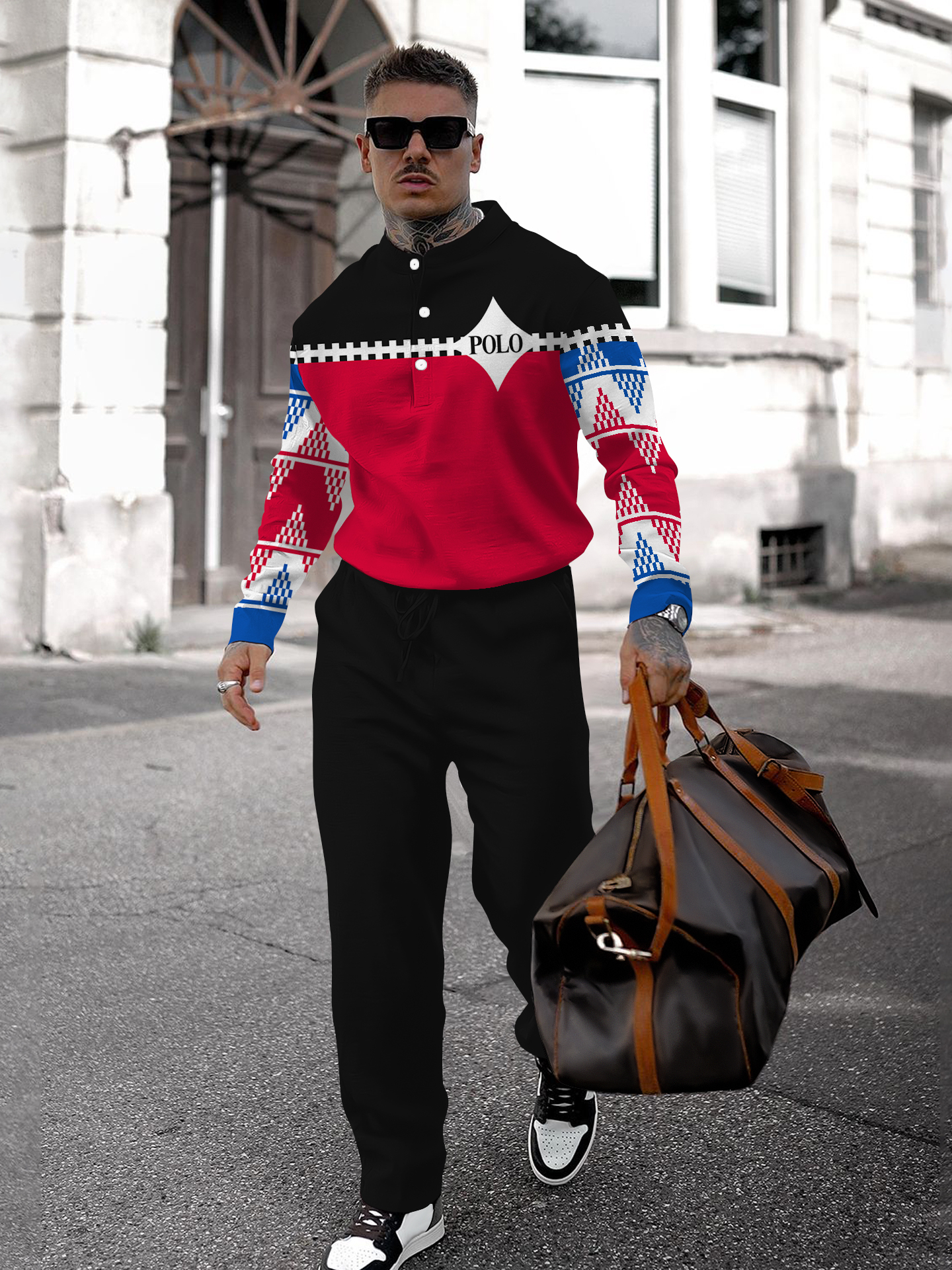 Men's fashion casual geometric print long sleeve two-piece set