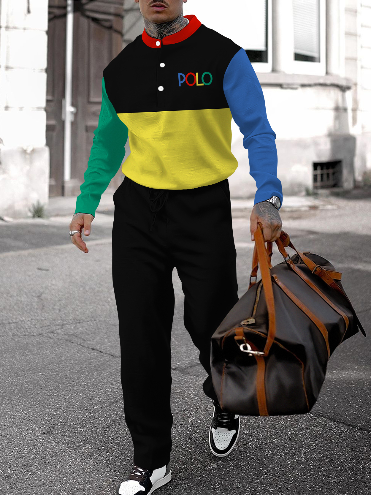 Men's fashion casual geometric print long sleeve two-piece set