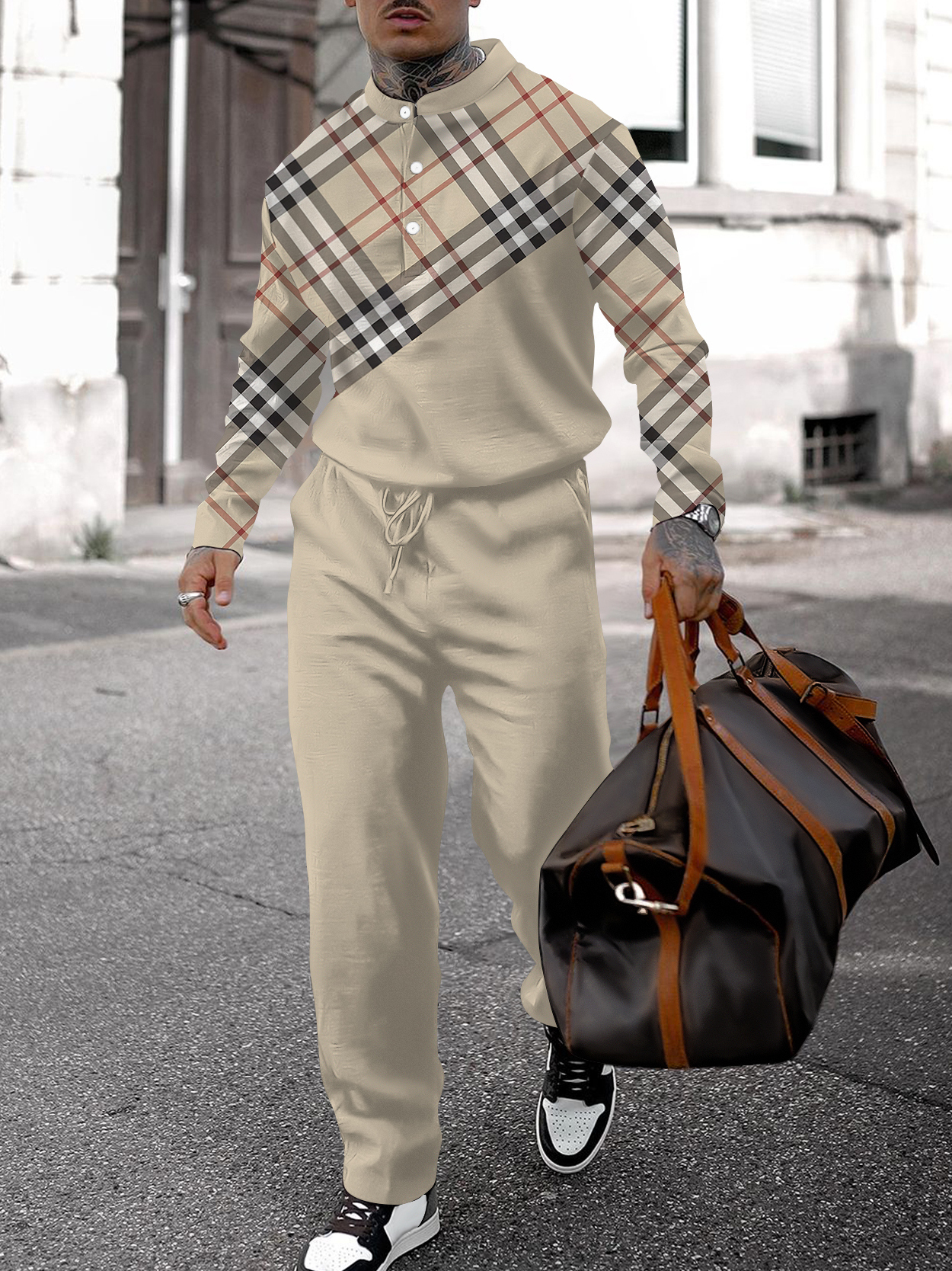 Men's fashion casual geometric print long sleeve two-piece set