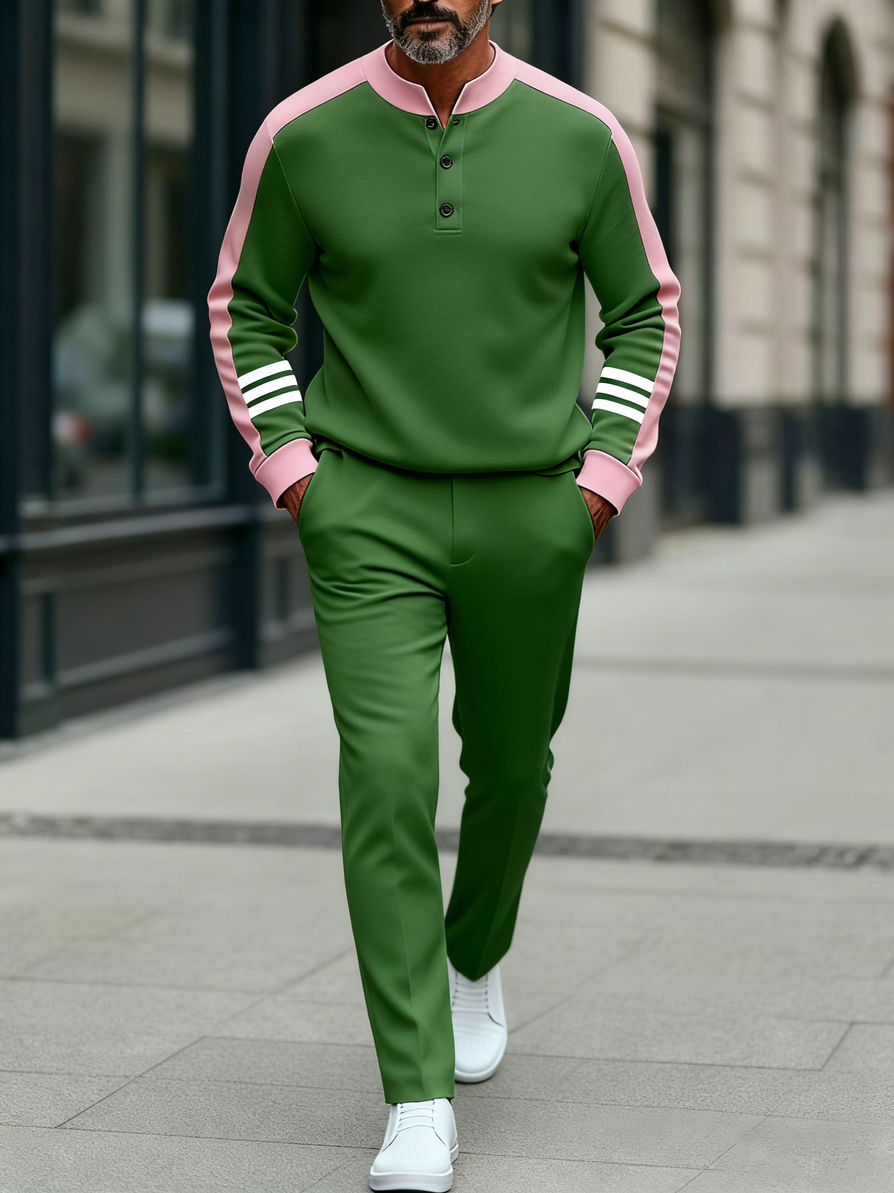 Men's fashion casual geometric print long sleeve zipper two-piece set