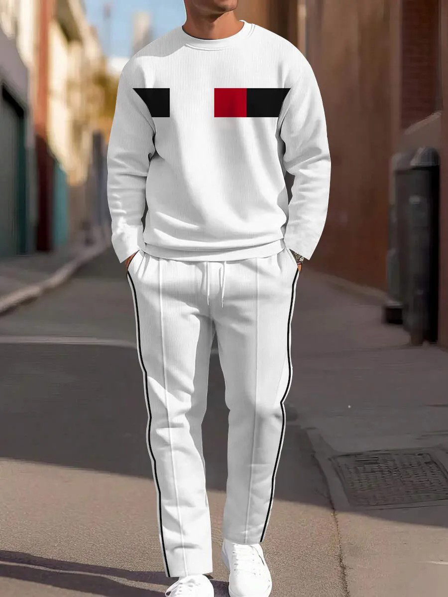 Men's fashion casual geometric printed hoodie two-piece set