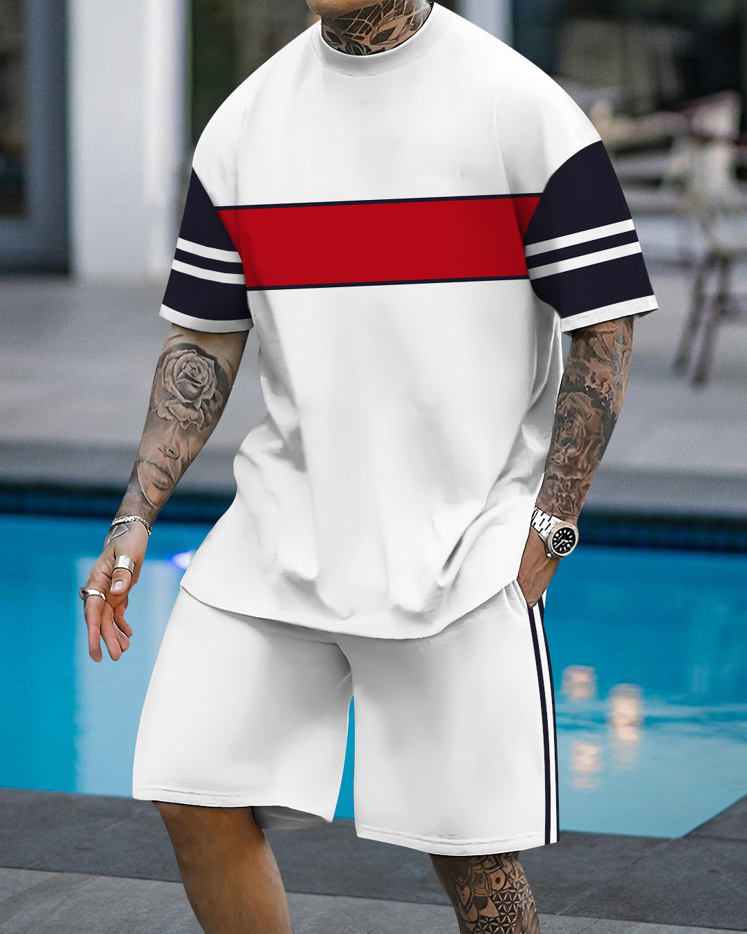 Men's fashion casual color matching printed short-sleeved two-piece se