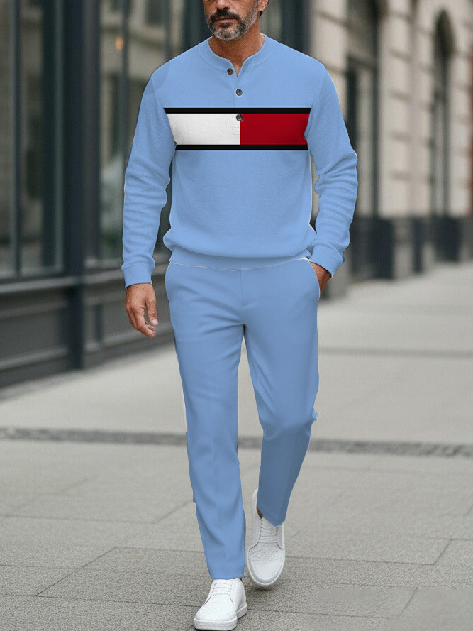 Men's fashion casual geometric print long sleeve zipper two-piece set