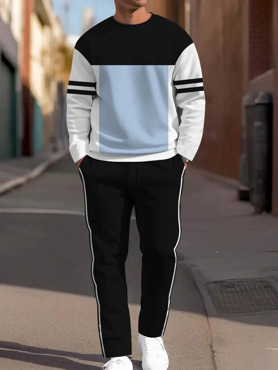 Men's fashion casual geometric printed hoodie two-piece set