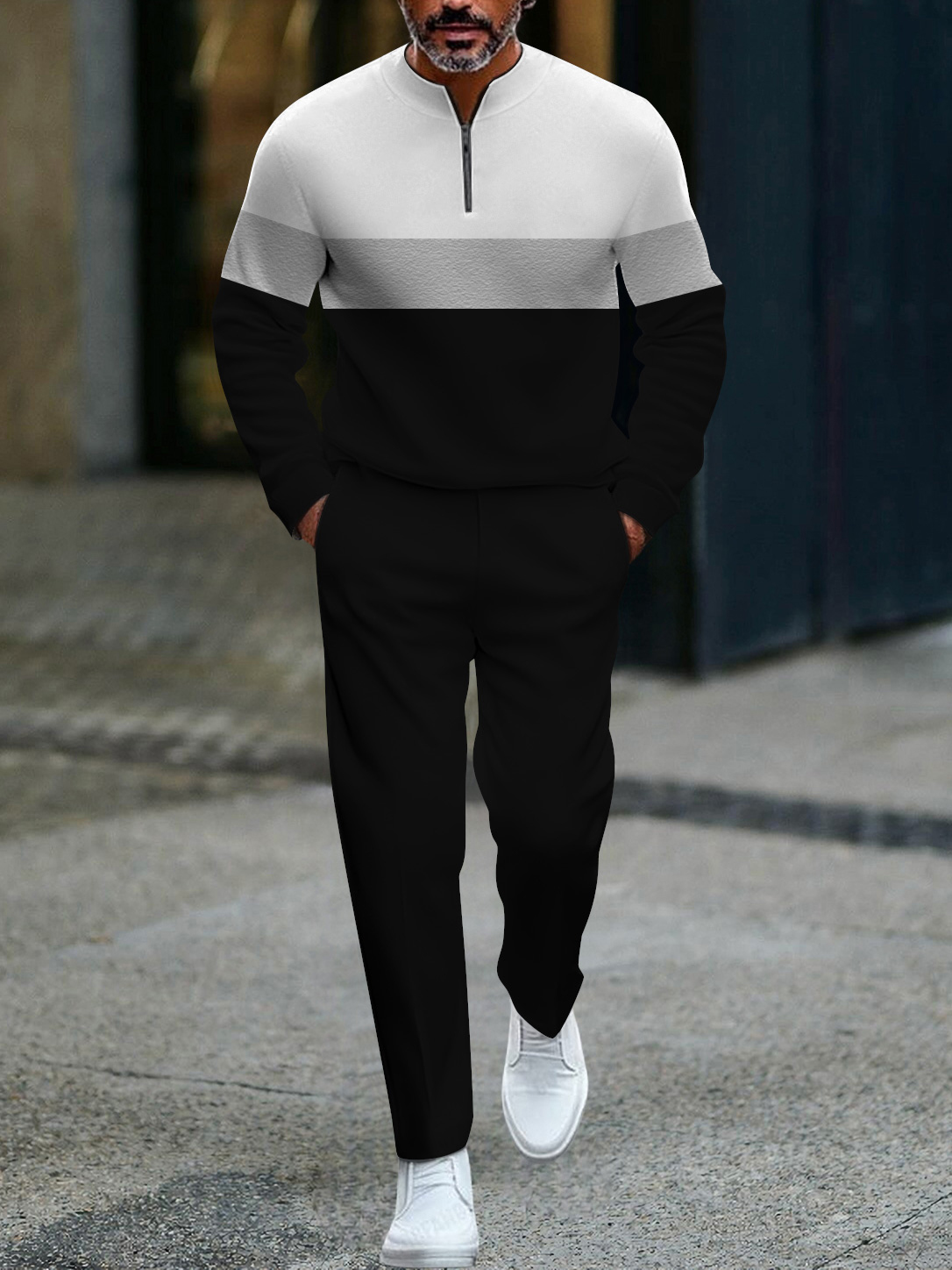 Men's fashion casual geometric print long sleeve zipper two-piece set