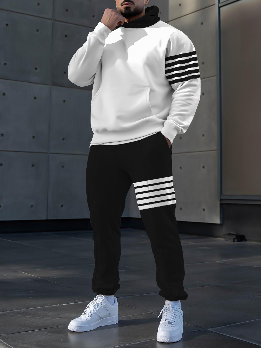 Men's fashion casual color matching striped printed hoodie two-piece set